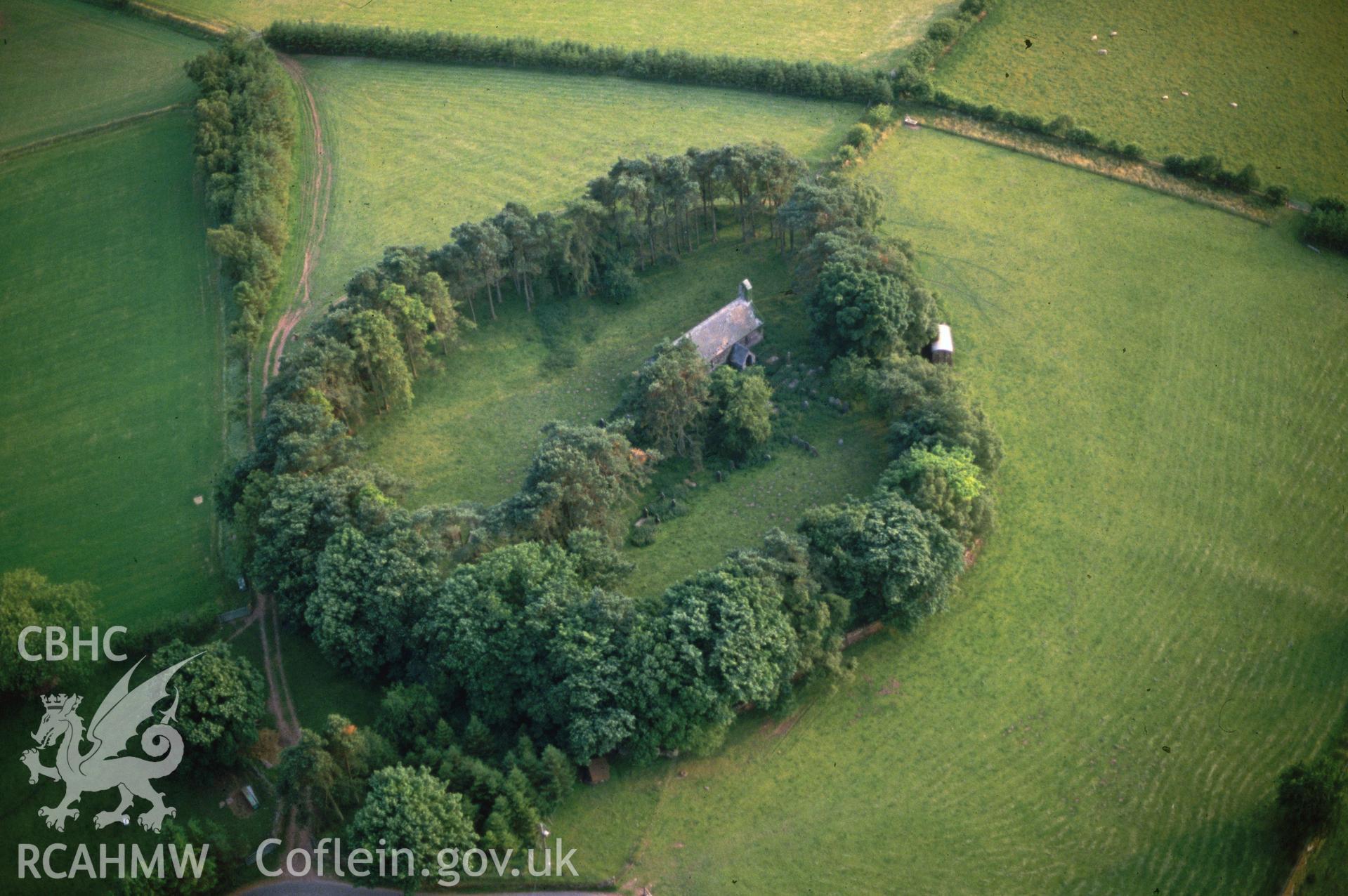 Slide of RCAHMW colour oblique aerial photograph of Glyn Illtyd, Earthworks; Llanilltyd,  taken by C.R. Musson, 5/7/1989.