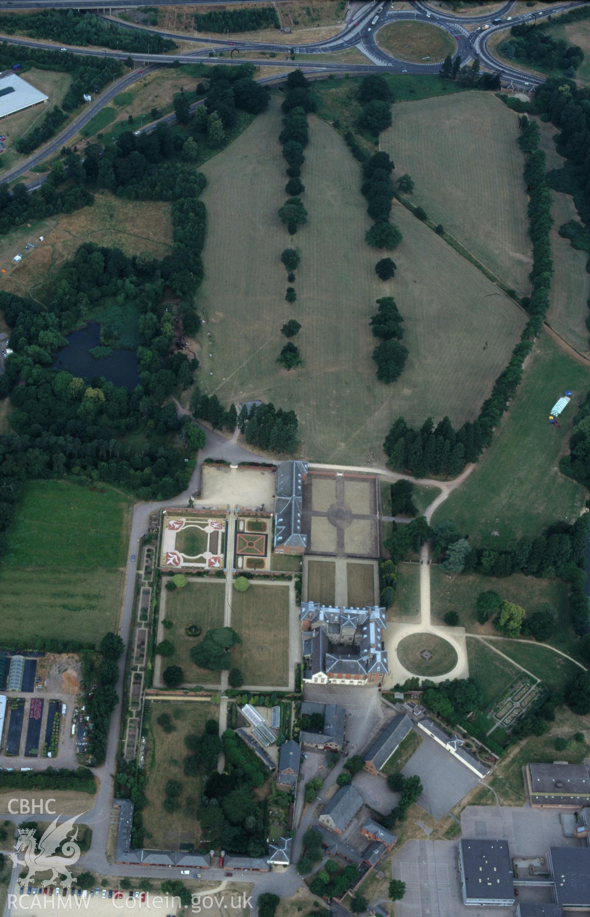 Slide of RCAHMW colour oblique aerial photograph of Tredegar Park, taken by C.R. Musson, 24/7/1996.
