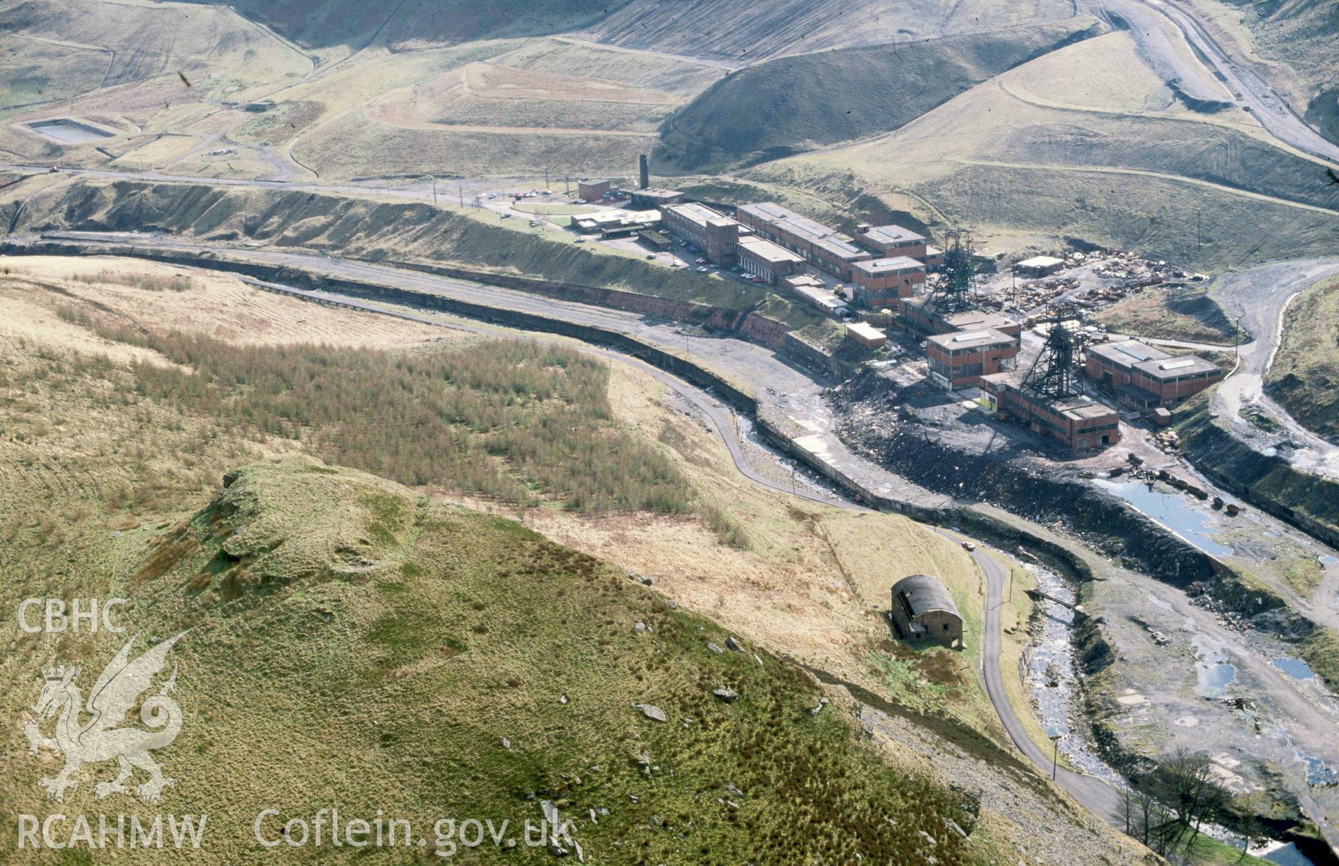 Slide of RCAHMW colour oblique aerial photograph of Maerdy Colliery, taken by C.R. Musson, 26/3/1990.
