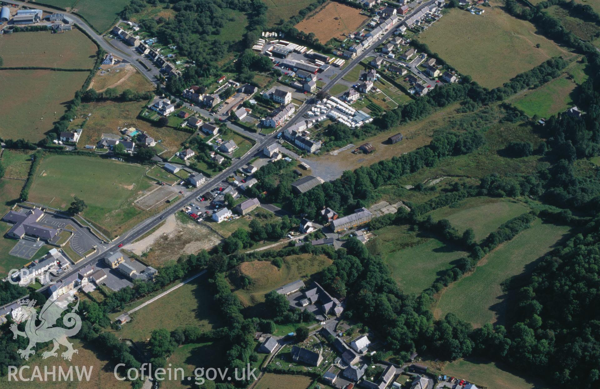 Slide of RCAHMW colour oblique aerial photograph of Pencader, taken by C.R. Musson, 23/8/1995.