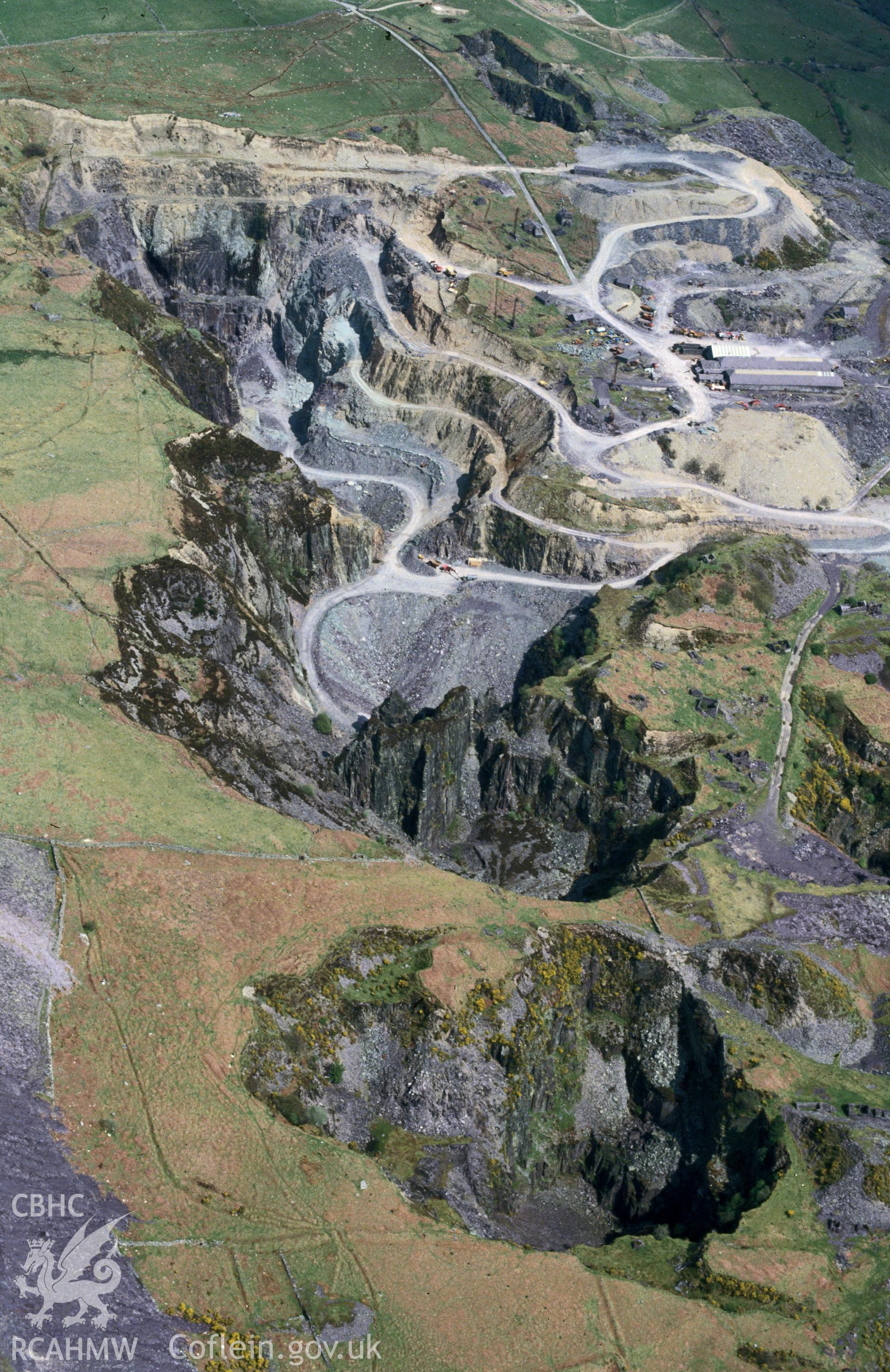 Slide of RCAHMW colour oblique aerial photograph of Pen Yr Orsedd Quarry, taken by C.R. Musson, 2/5/1994.