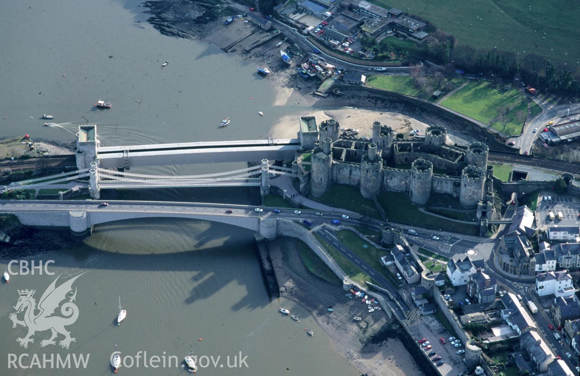 RCAHMW colour slide oblique aerial photograph of Conwy Castle, Conwy, taken by C.R.Musson on the 14/02/1996