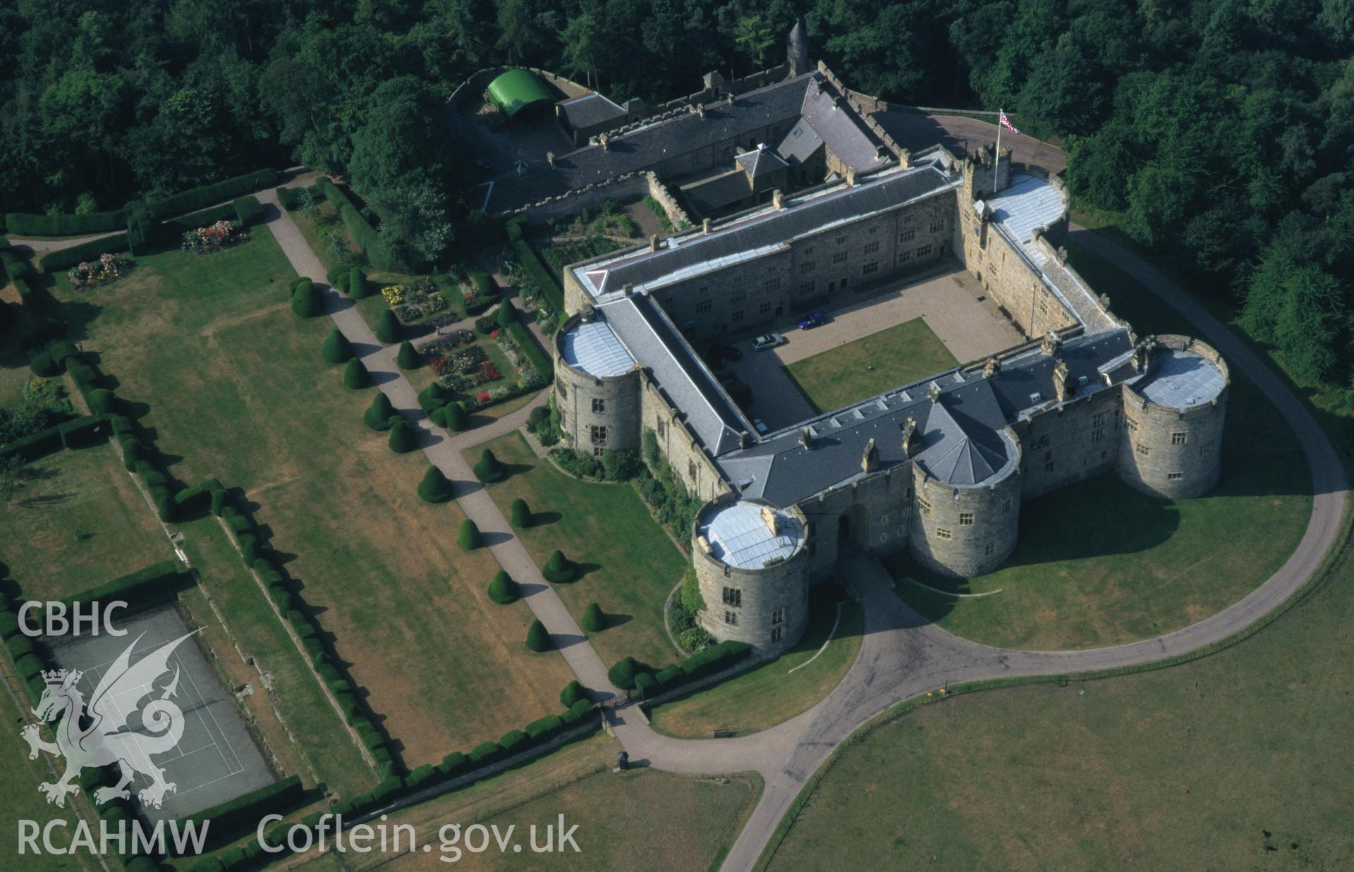 Slide of RCAHMW colour oblique aerial photograph of Chirk Castle, taken by C.R. Musson, 4/8/1996.