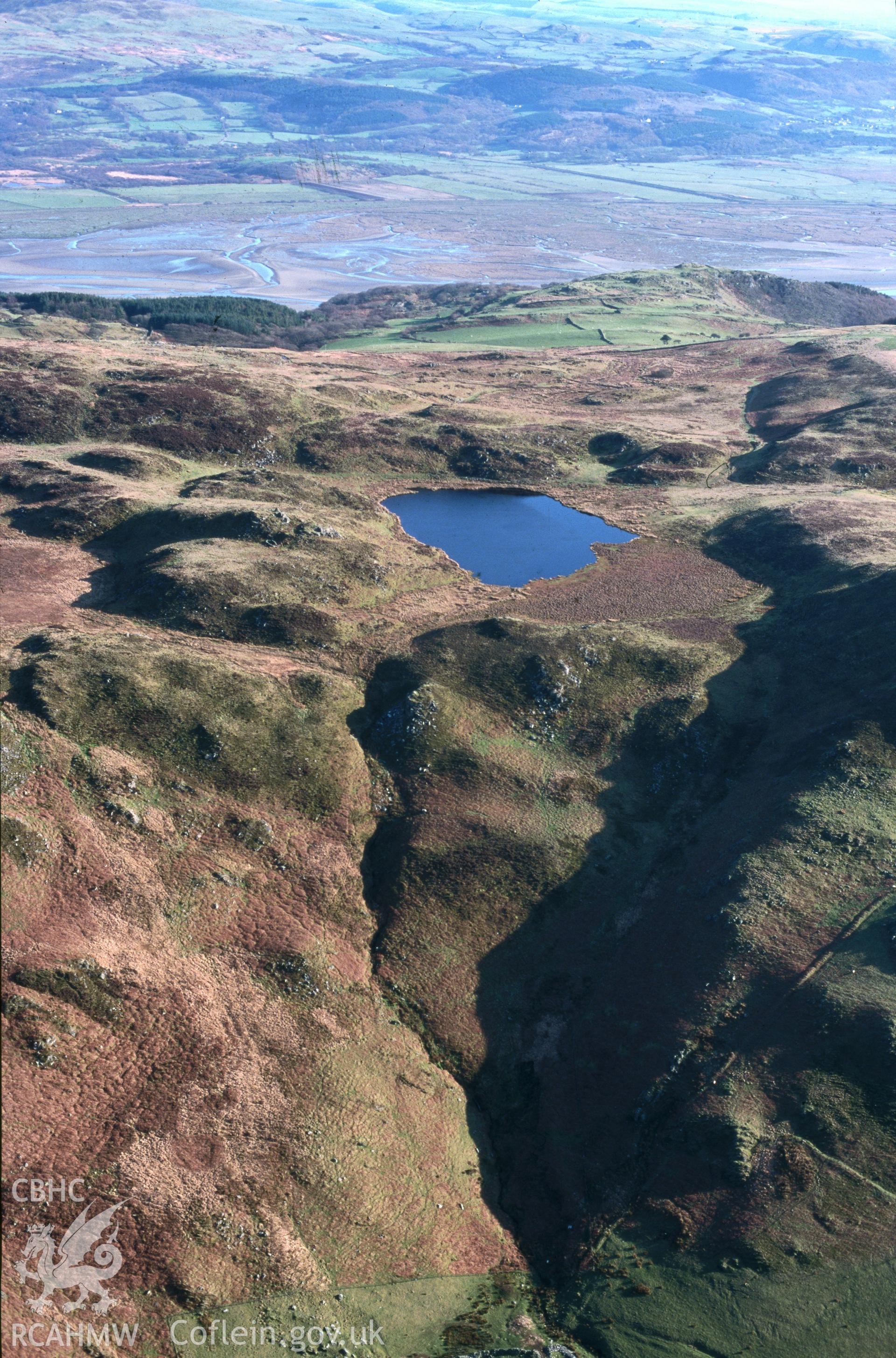 Slide of RCAHMW colour oblique aerial photograph of Happy Valley Landscape, Llyn Barfog, taken by T.G. Driver, 17/3/1999.