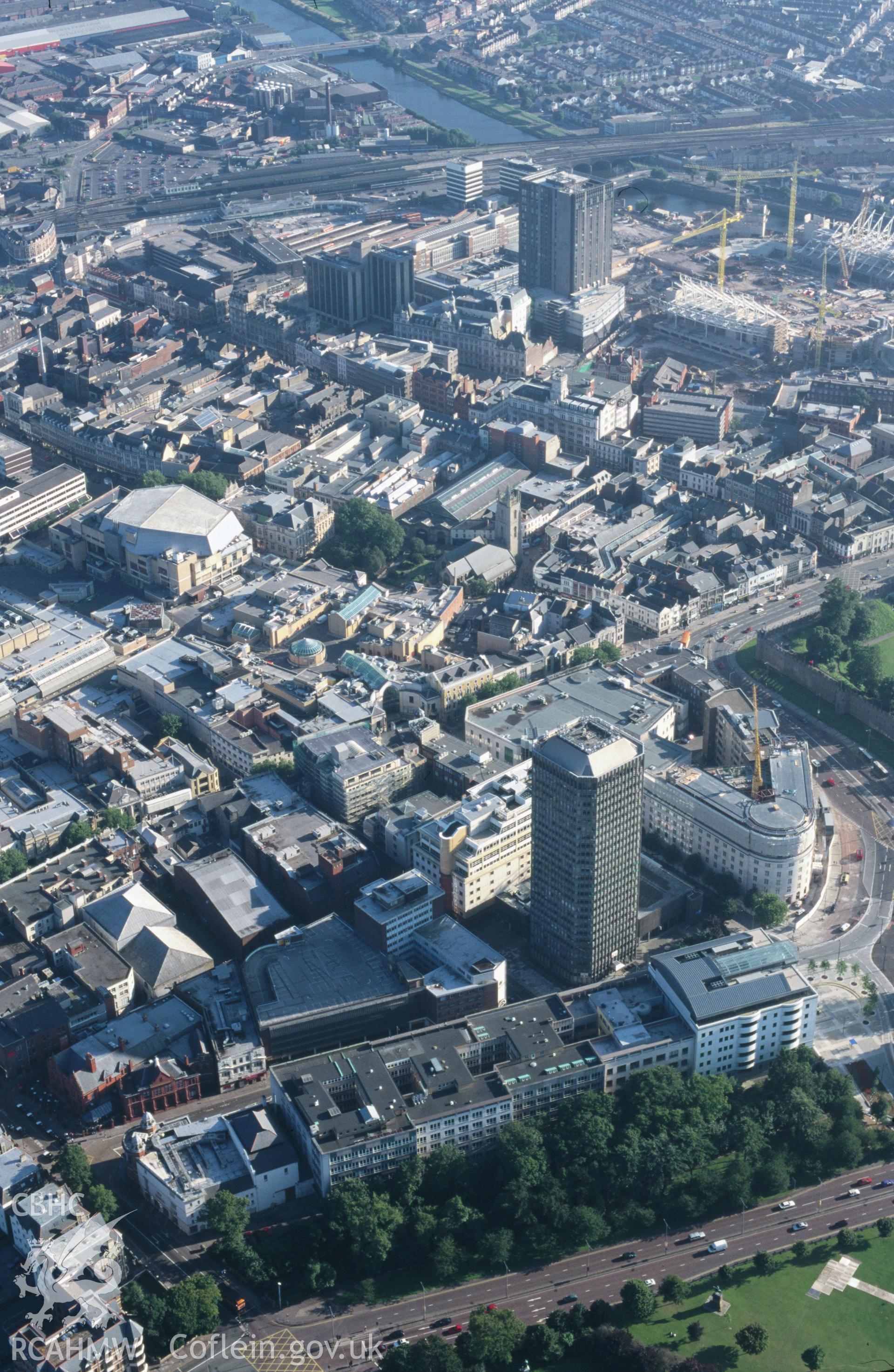 Slide of RCAHMW colour oblique aerial photograph of Cardiff, taken by T.G. Driver, 5/8/1998.