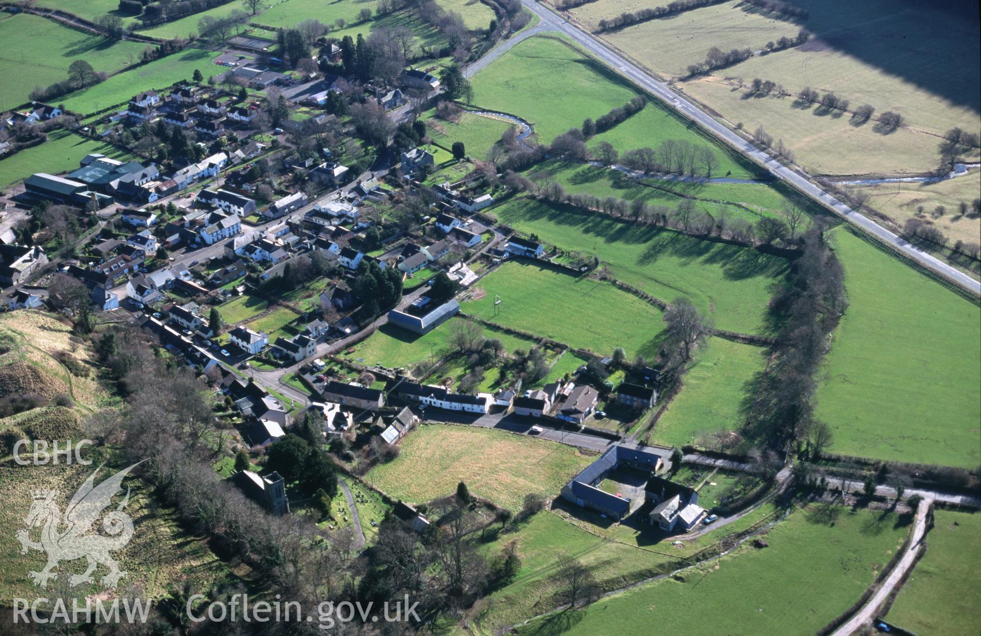 Slide of RCAHMW colour oblique aerial photograph of New Radnor Town, taken by T.G. Driver, 16/2/2001.