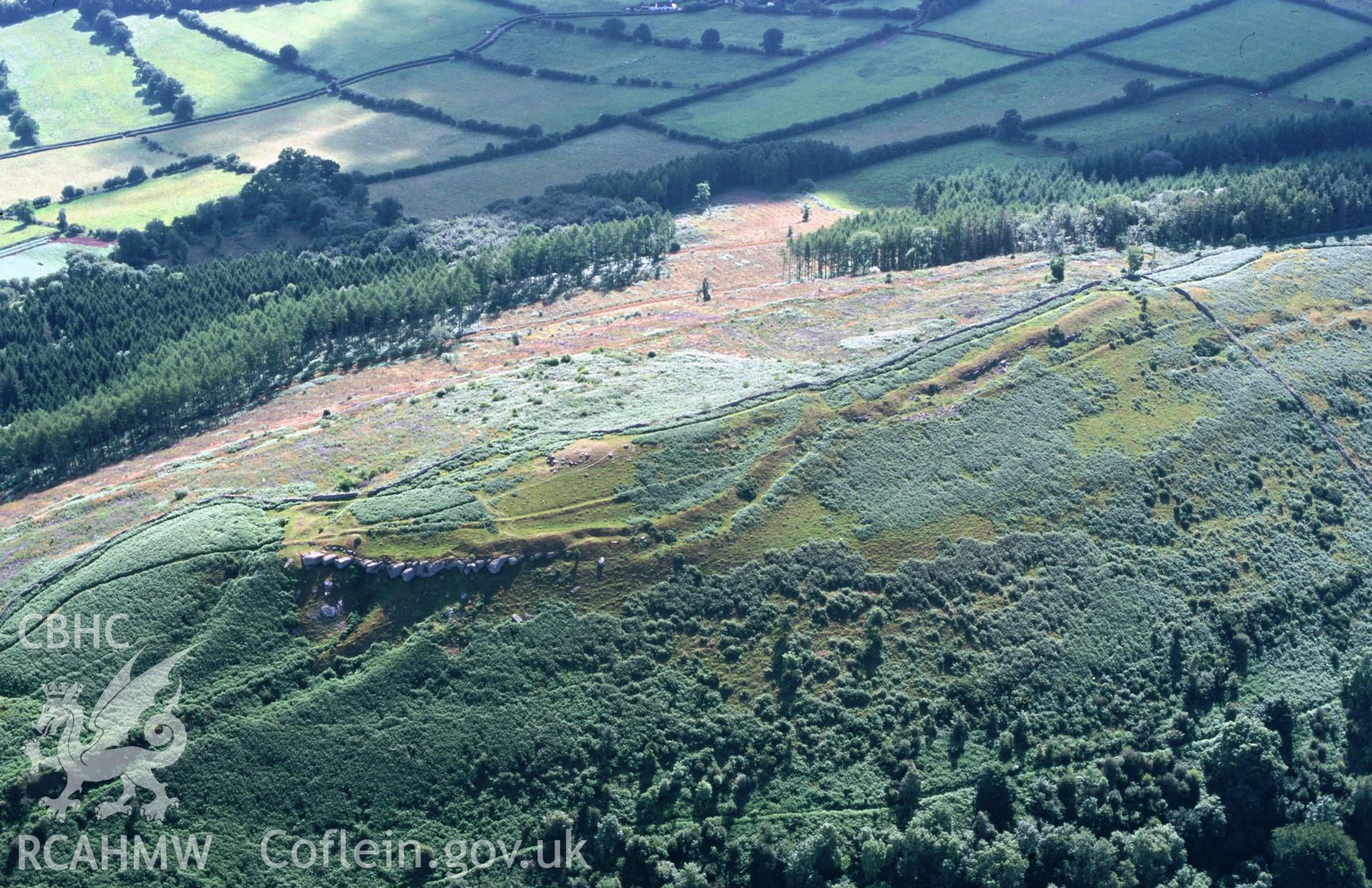Slide of RCAHMW colour oblique aerial photograph of Allt Yr Esgair Camp, taken by T.G. Driver, 24/7/1998.