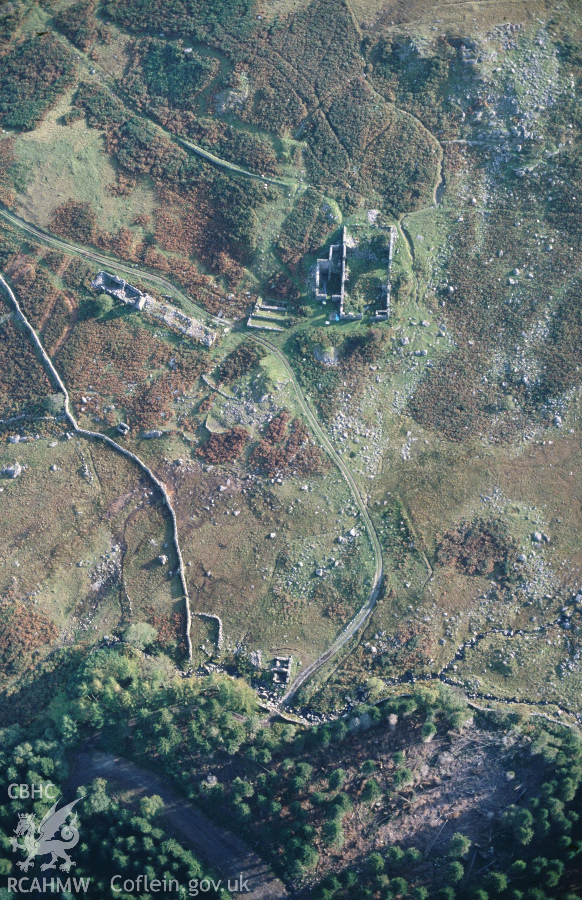 Slide of RCAHMW colour oblique aerial photograph of Berth-llwyd And Cefn Coch Gold Mining Complex, taken by C.R. Musson, 9/10/1994.