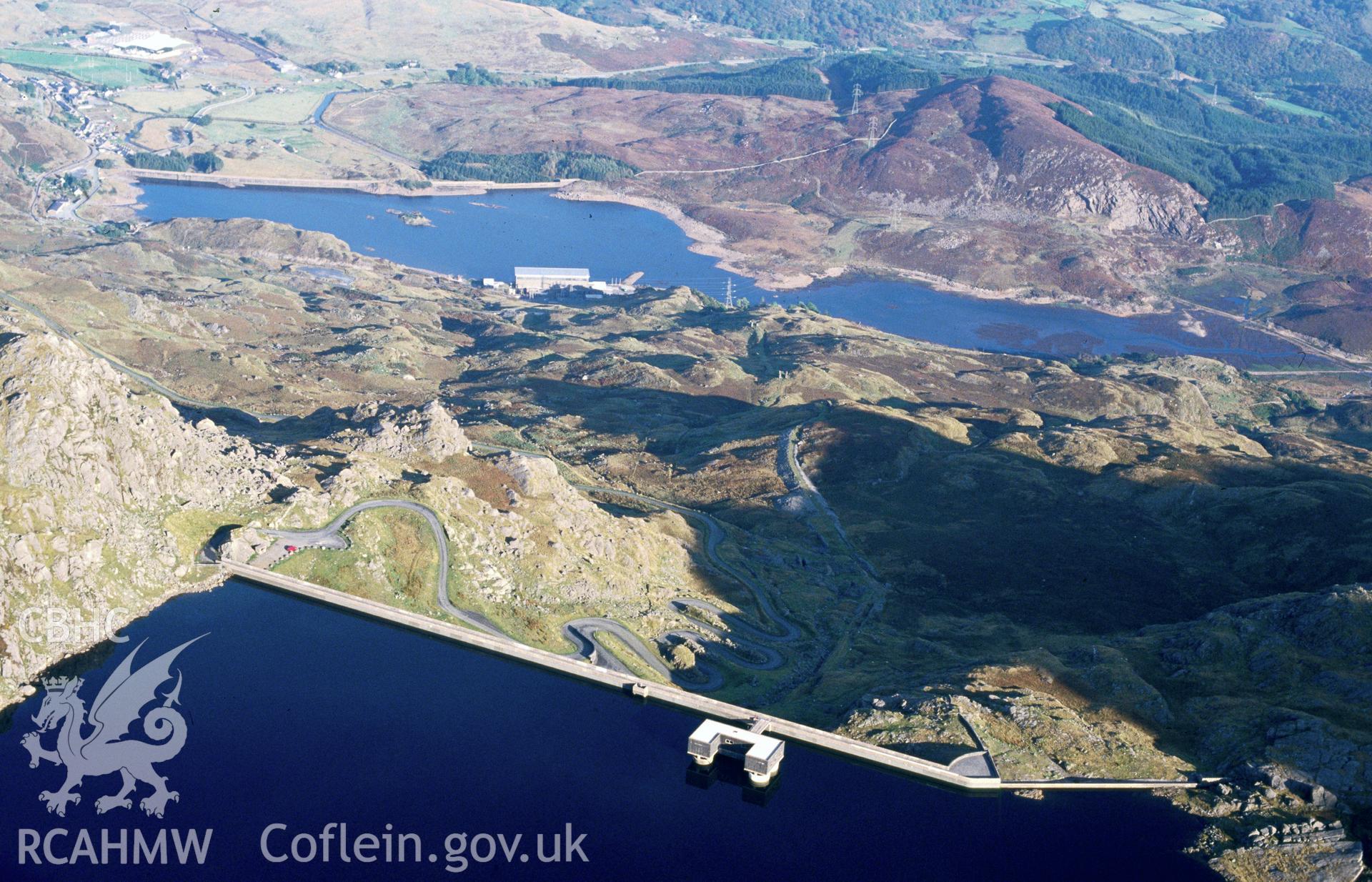 Slide of RCAHMW colour oblique aerial photograph of Llyn Stwlan Reservoir, taken by C.R. Musson, 9/10/1994.