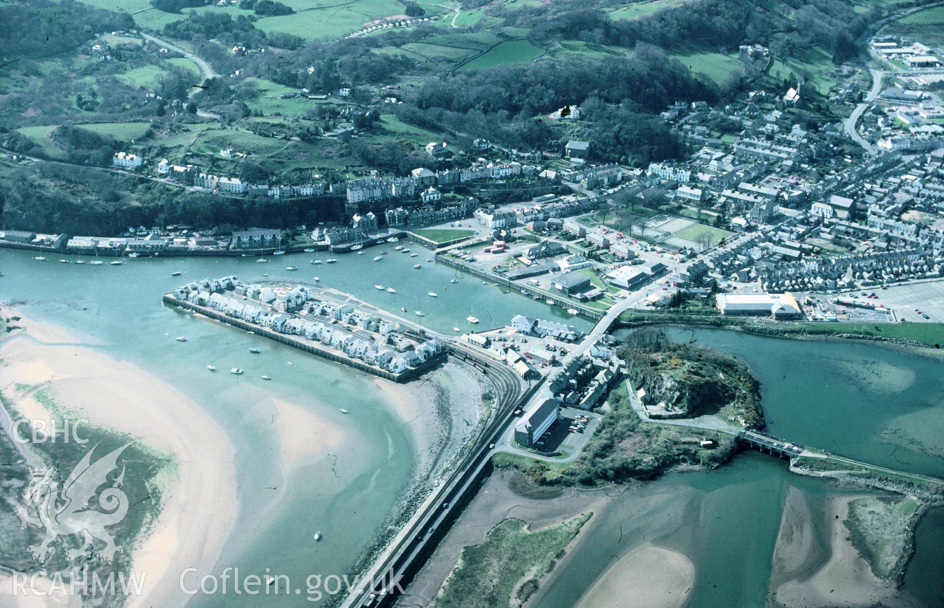 Slide of RCAHMW colour oblique aerial photograph of Portmadog Harbour, taken by C.R. Musson, 1/4/1990.