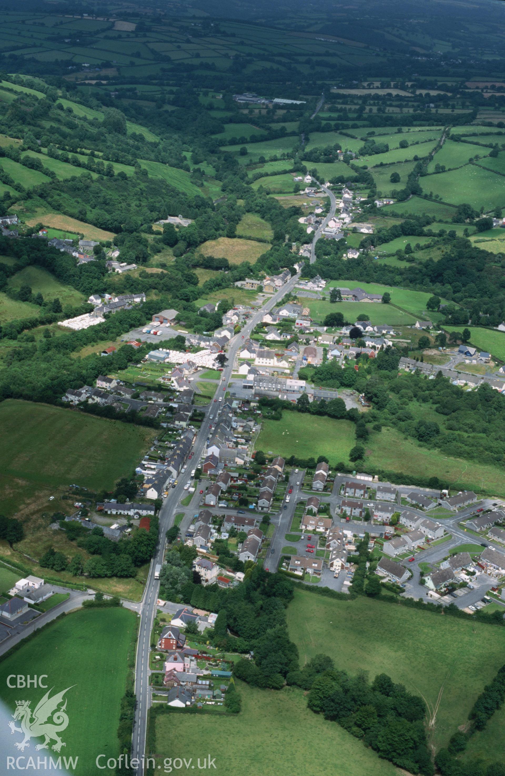 Slide of RCAHMW colour oblique aerial photograph of Pencader, taken by T.G. Driver, 19/7/2001.