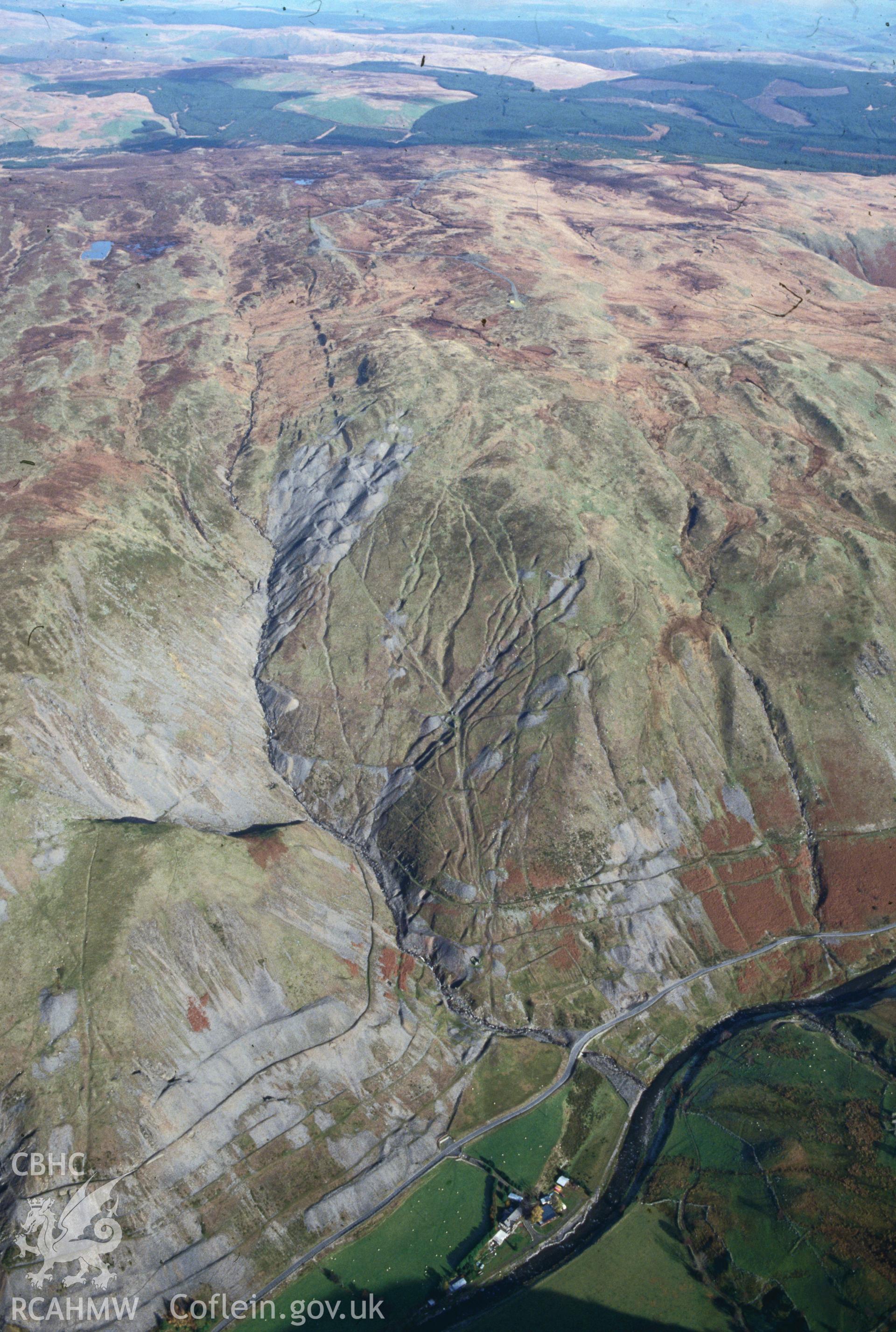 Slide of RCAHMW colour oblique aerial photograph of Cwmystwyth Lead Mines: Copa Hill, taken by C.R. Musson, 30/10/1992.