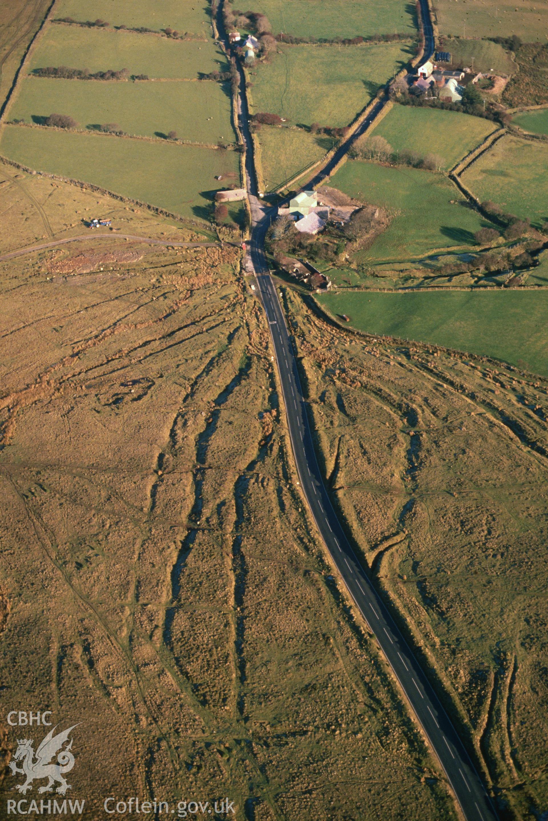 Slide of RCAHMW colour oblique aerial photograph of Tafarn-y-bwlch, taken by C.R. Musson, 15/12/1990.