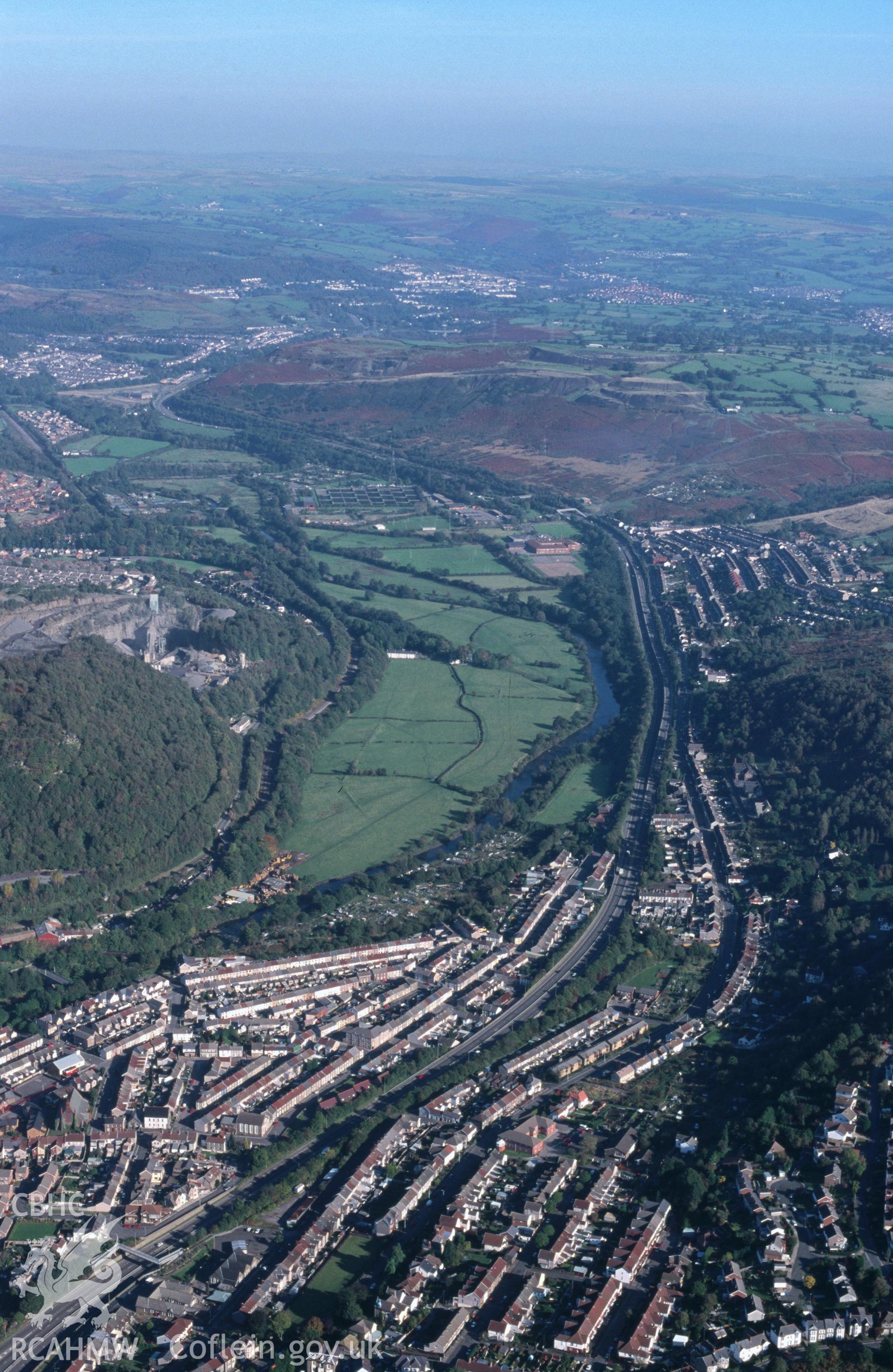 Slide of RCAHMW colour oblique aerial photograph of Pontypridd, taken by T.G. Driver, 13/10/1999.