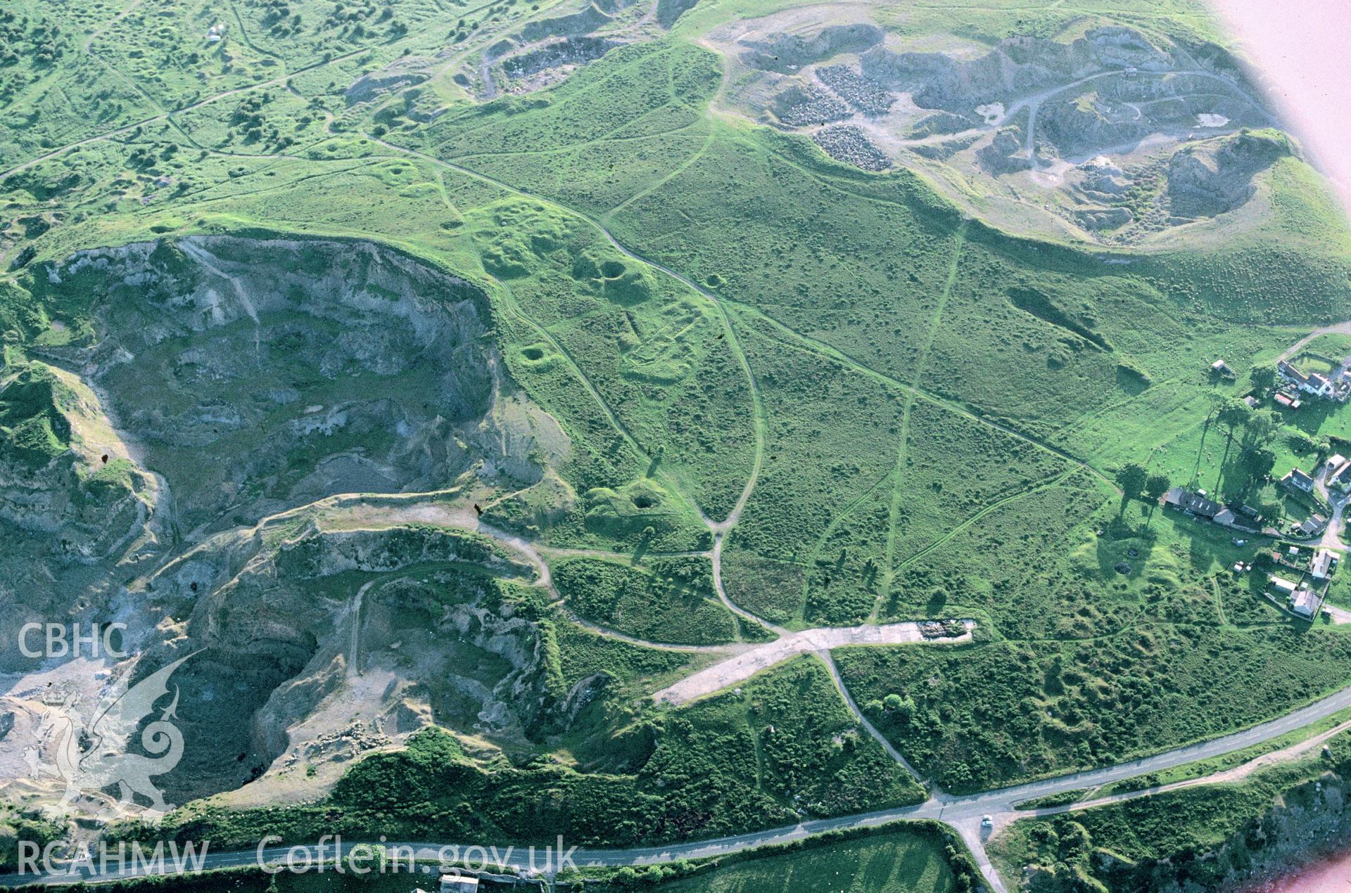 Slide of RCAHMW colour oblique aerial photograph of Pen Yr Henblas Lead Workings, taken by C.R. Musson, 23/6/1993.