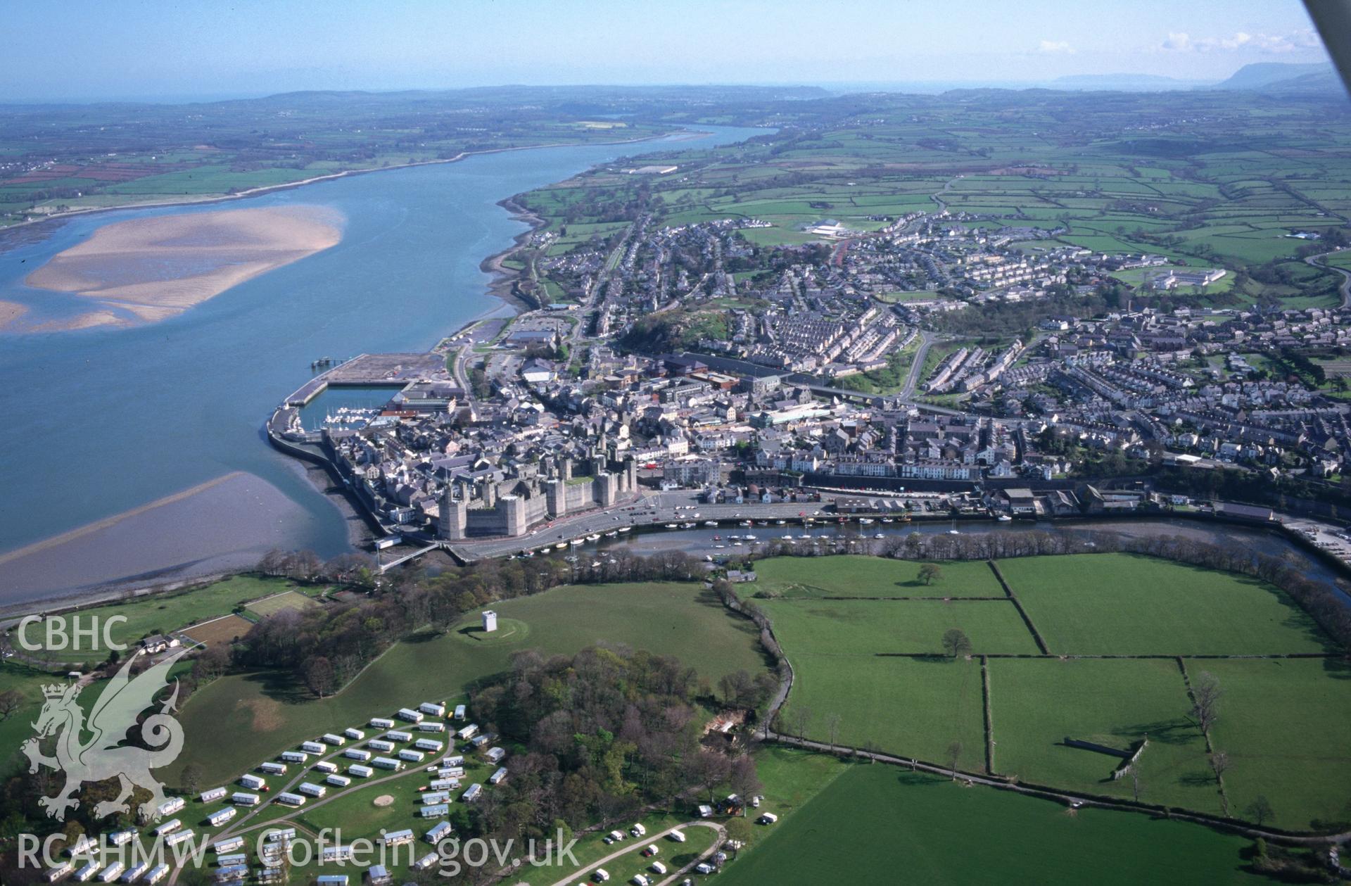 Slide of RCAHMW colour oblique aerial photograph of Caernarfon, taken by T.G. Driver, 18/4/1998.
