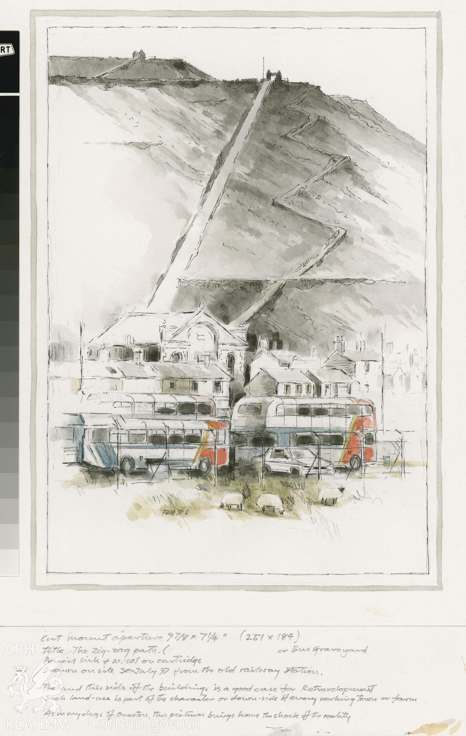 Zig-zag Path with Buses: (pencil and watercolour) drawing.