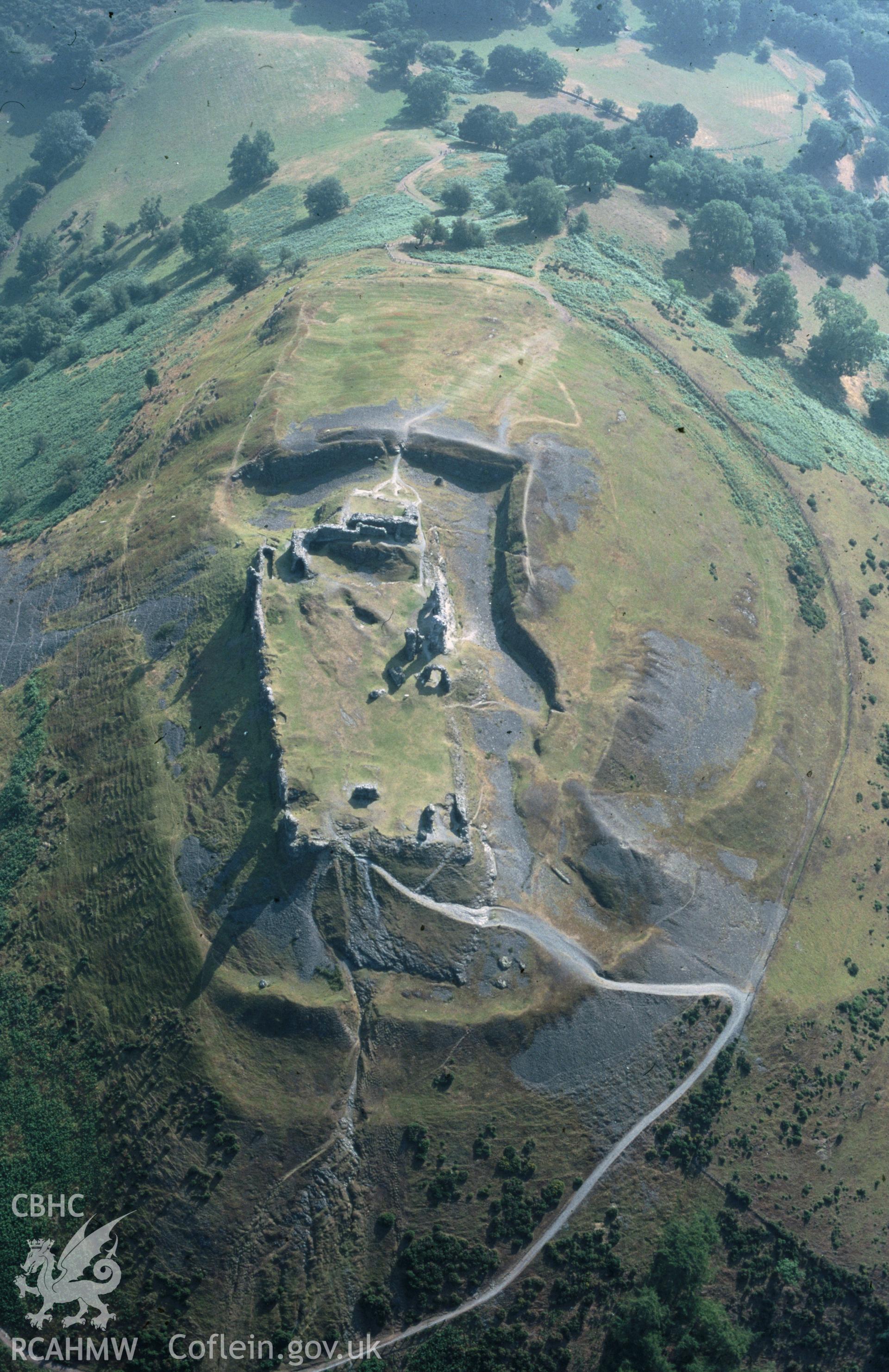 Slide of RCAHMW colour oblique aerial photograph of Castell Dinas Bran, taken by C.R. Musson, 4/8/1996.
