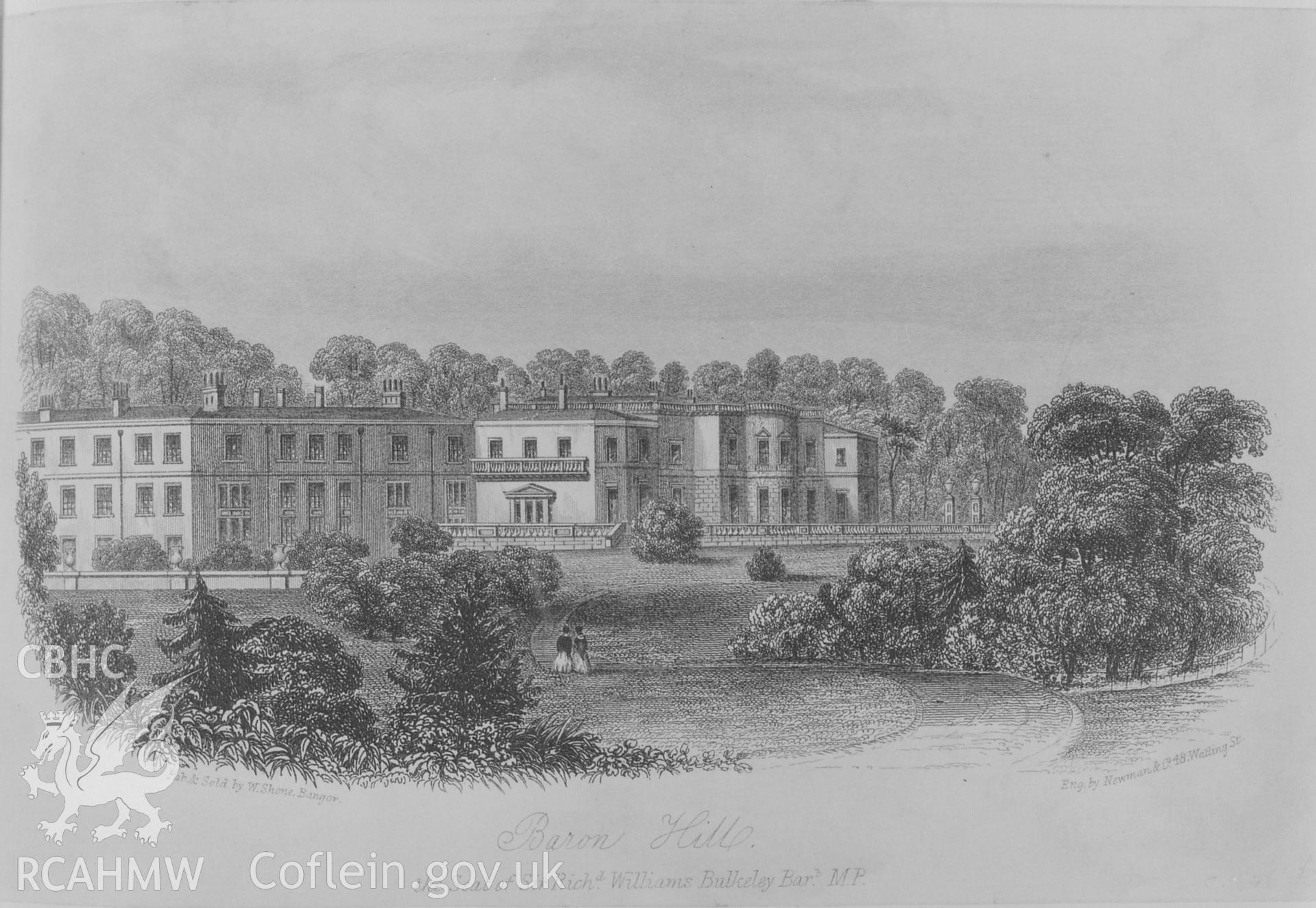 Black and white print showing exterior of Baron Hill, Beaumaris, copied from a postcard loaned by Thomas Lloyd.