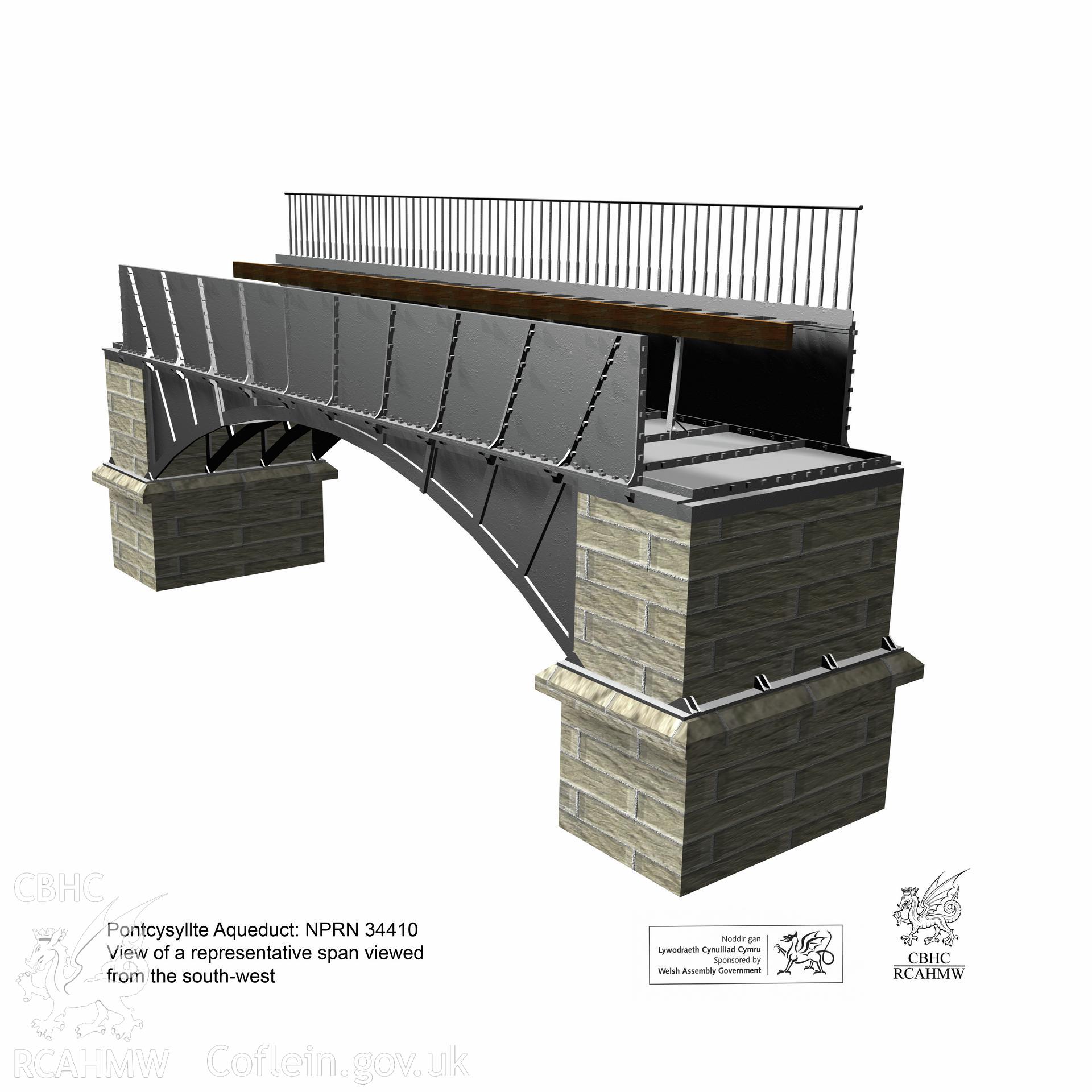 Still from a digital 3D model showing a representative span of the Pontcysyllte Aqueduct viewed from the south-west, from an RCAHMW survey of Pontcysyllte Aqueduct, carried out by Susan Fielding, 24/05/2006.