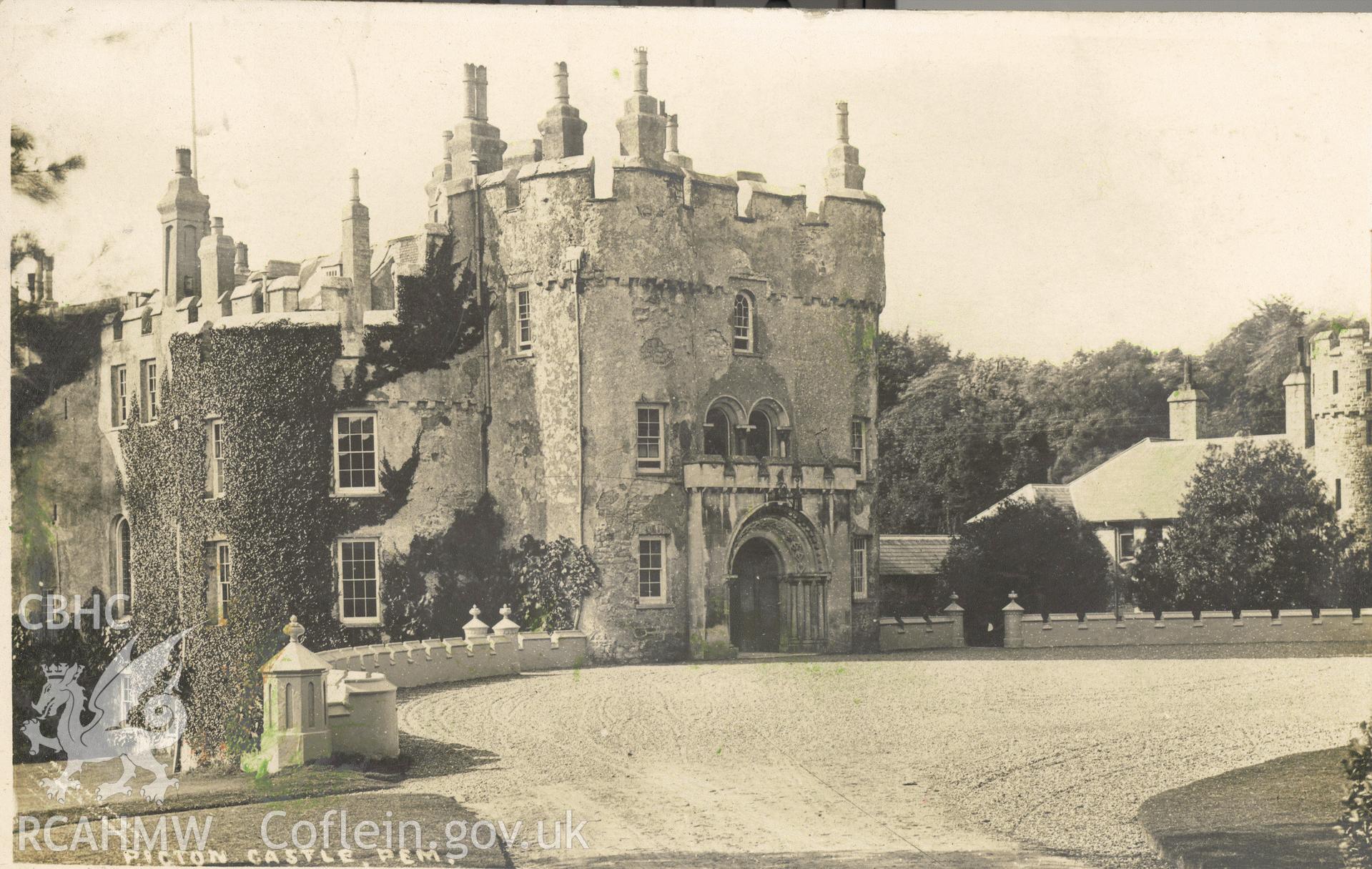 Digitised postcard image of Picton Castle, Slebech. Produced by Parks and Gardens Data Services, from an original item in the Peter Davis Collection at Parks and Gardens UK. We hold only web-resolution images of this collection, suitable for viewing on screen and for research purposes only. We do not hold the original images, or publication quality scans.