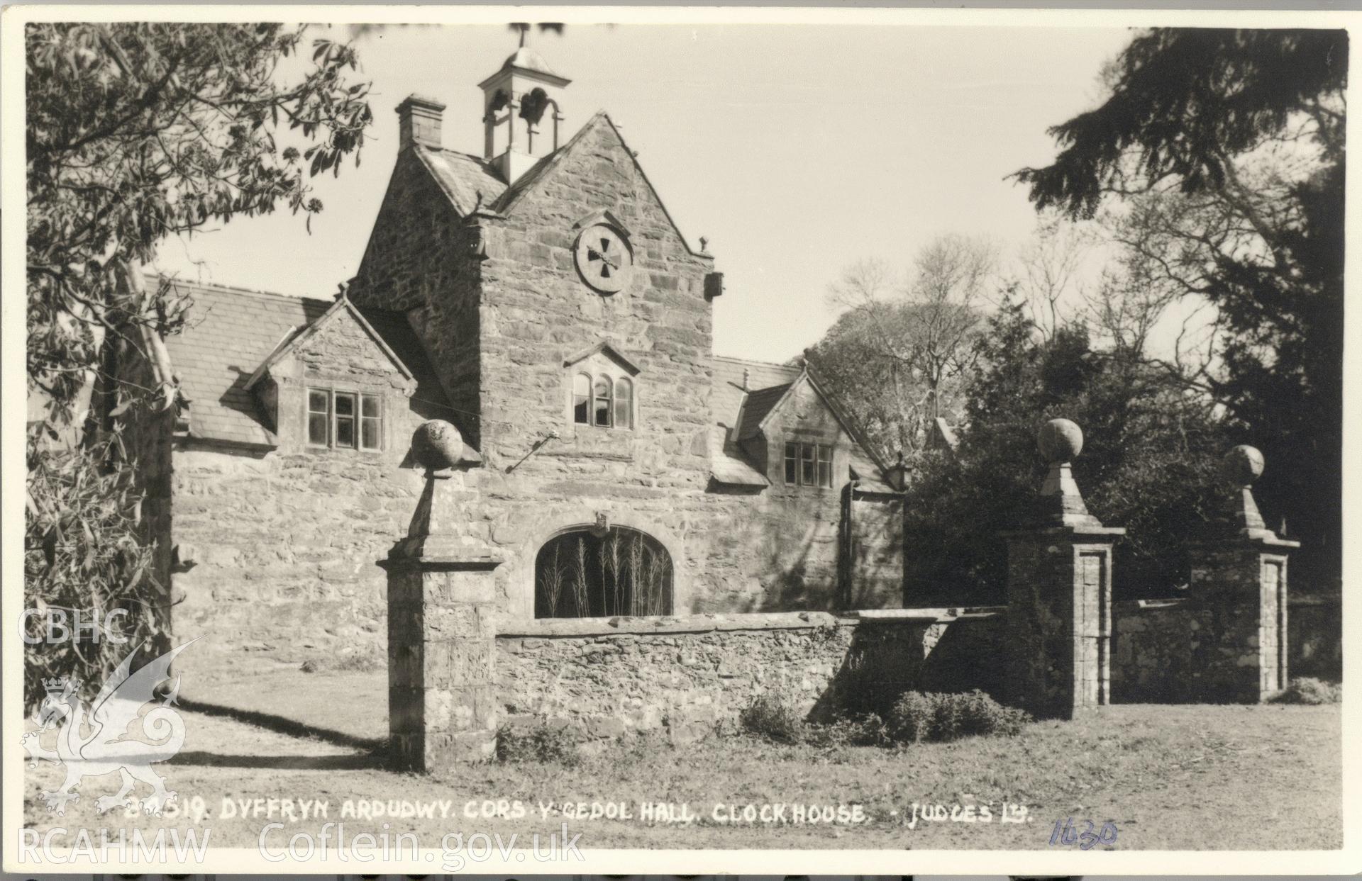 Digitised postcard image of Cors-y-Gedol gatehouse, Judges Ltd. Produced by Parks and Gardens Data Services, from an original item in the Peter Davis Collection at Parks and Gardens UK. We hold only web-resolution images of this collection, suitable for viewing on screen and for research purposes only. We do not hold the original images, or publication quality scans.