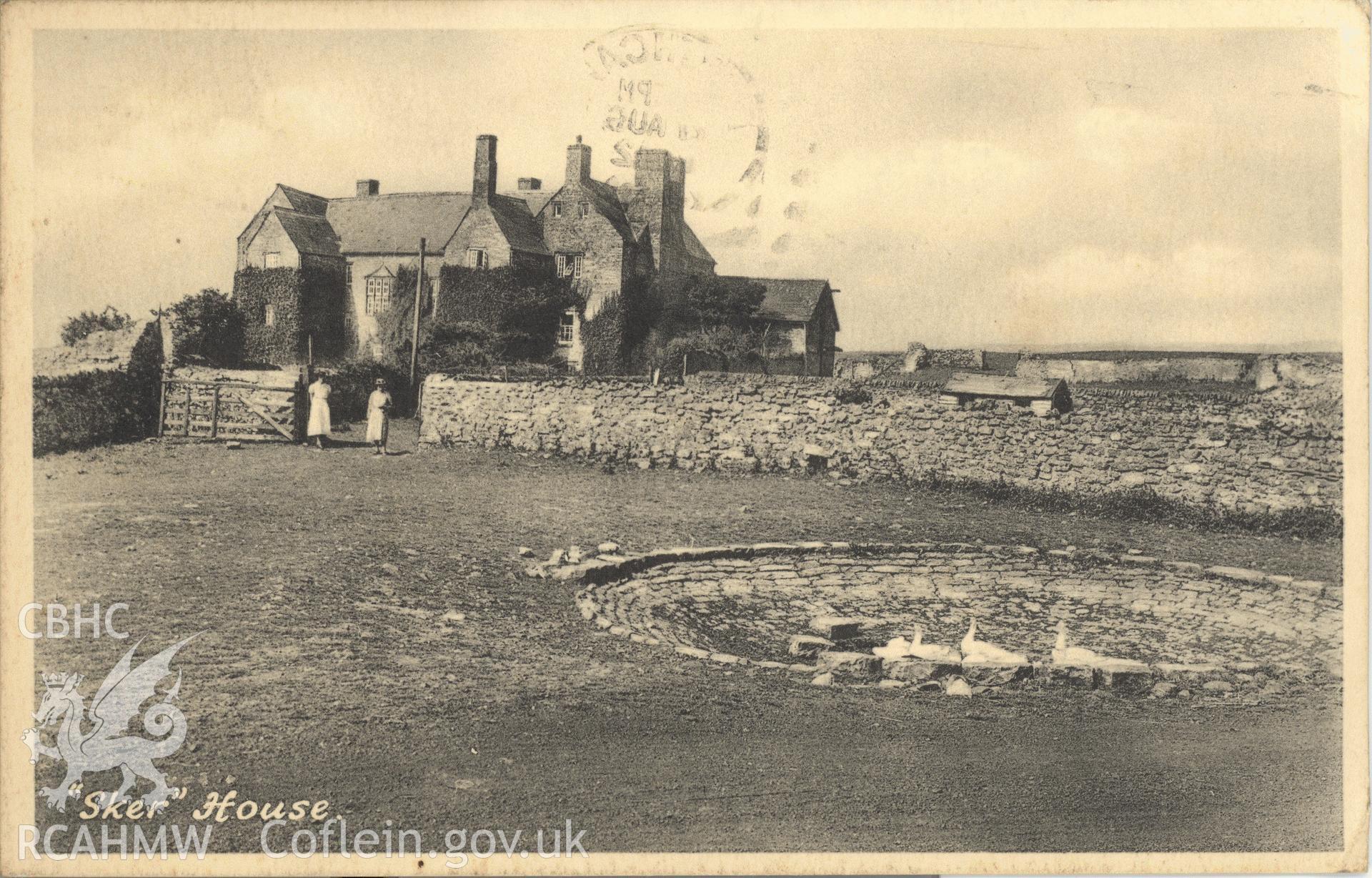Digitised postcard image of Sker House, Porthcawl, including two women and stone-lined dewpond, I.G. Llewellyn, 4 John Street, Porthcawl. Produced by Parks and Gardens Data Services, from an original item in the Peter Davis Collection at Parks and Gardens UK. We hold only web-resolution images of this collection, suitable for viewing on screen and for research purposes only. We do not hold the original images, or publication quality scans.