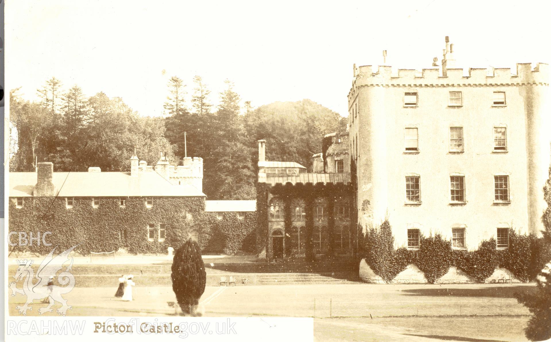 Digitised postcard image of Picton Castle, Slebech, The Excelsior Photo Co. Ltd., Carmarthen. Produced by Parks and Gardens Data Services, from an original item in the Peter Davis Collection at Parks and Gardens UK. We hold only web-resolution images of this collection, suitable for viewing on screen and for research purposes only. We do not hold the original images, or publication quality scans.