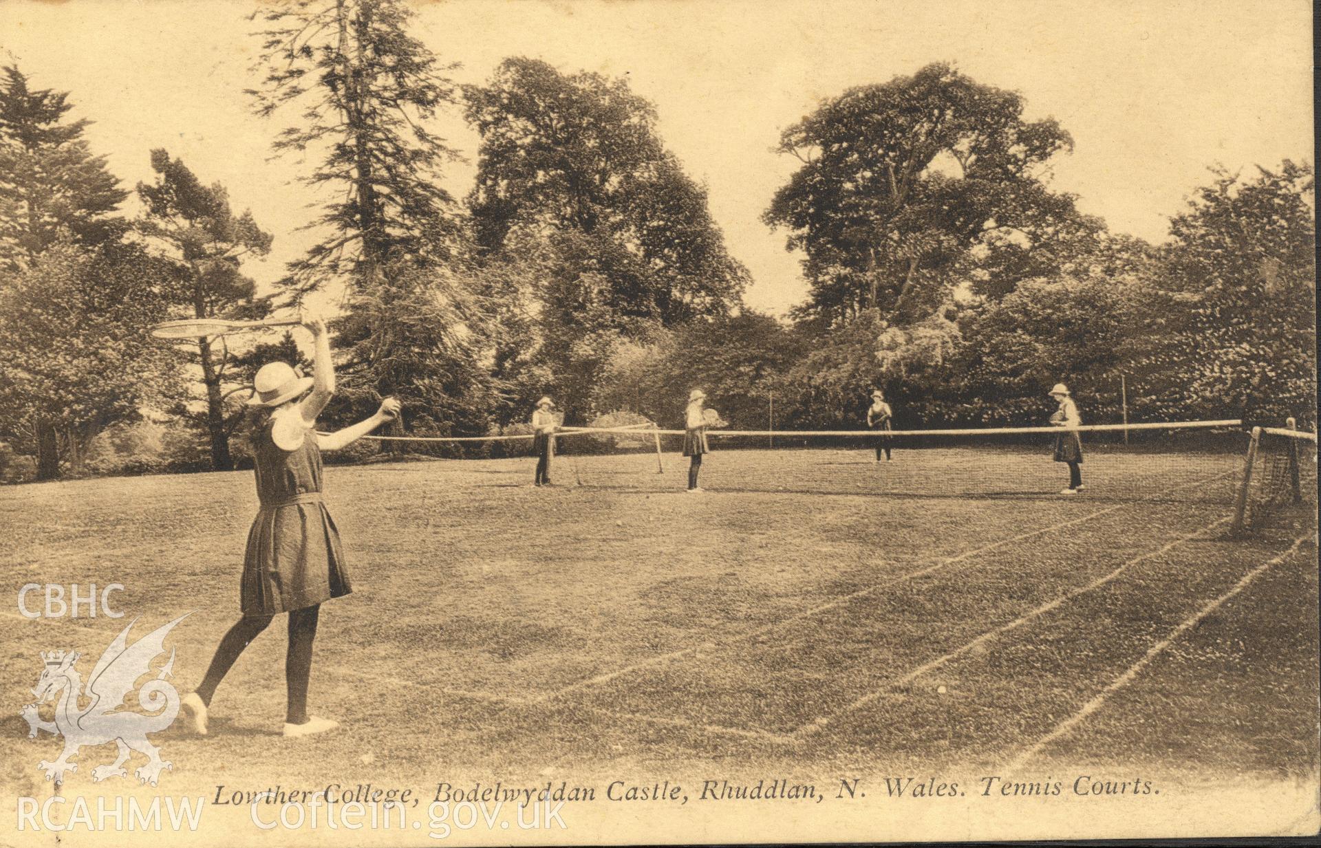 Digitised postcard image of Bodelwyddan Castle / Lowther College Garden (with girls playing tennis), P.A. Buchanan & Co. Produced by Parks and Gardens Data Services, from an original item in the Peter Davis Collection at Parks and Gardens UK. We hold only web-resolution images of this collection, suitable for viewing on screen and for research purposes only. We do not hold the original images, or publication quality scans.