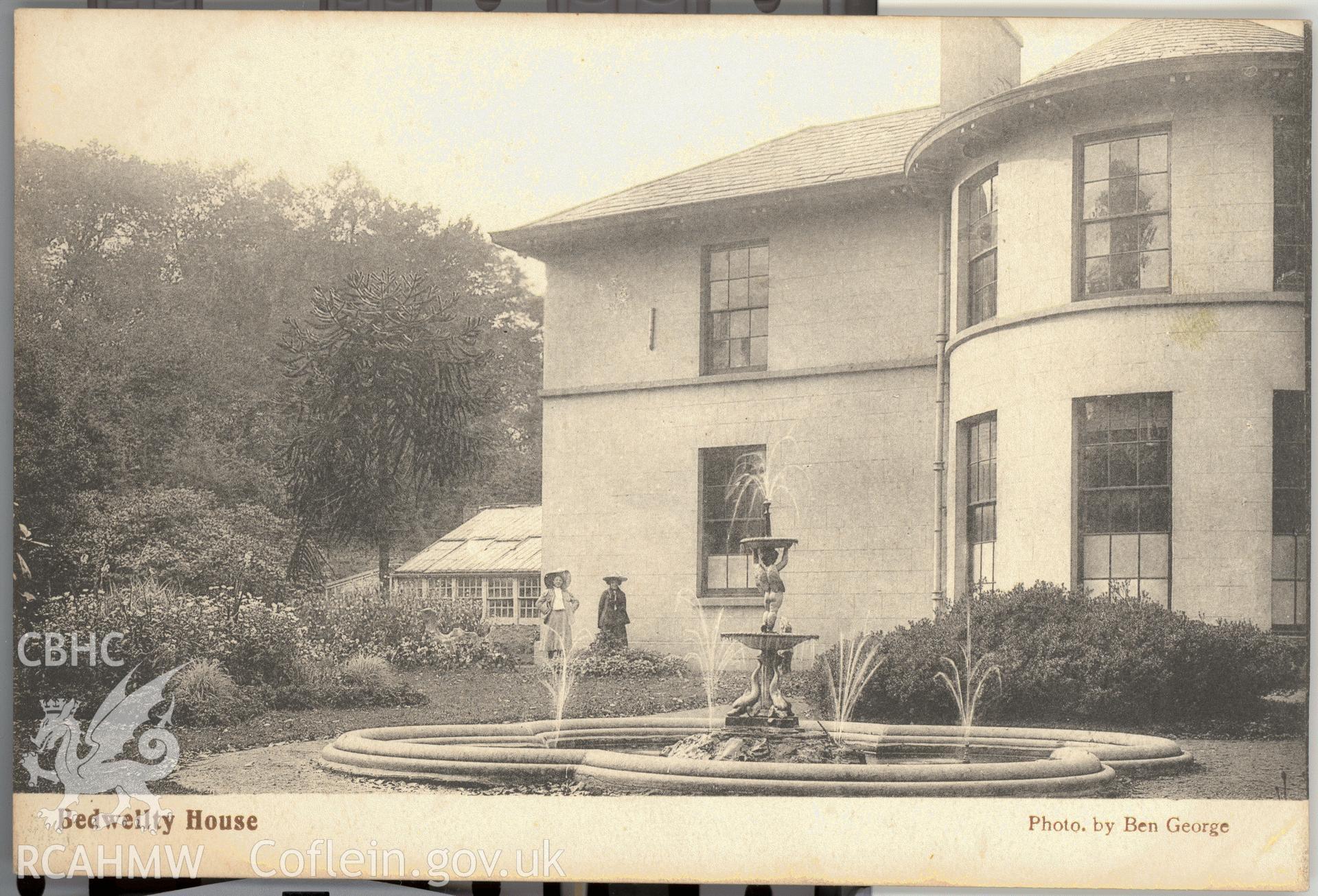 Digitised postcard image of Bedwellty House, Tredegar, including figures, Ben George, Published by A Morgan, Tredega. Produced by Parks and Gardens Data Services, from an original item in the Peter Davis Collection at Parks and Gardens UK. We hold only web-resolution images of this collection, suitable for viewing on screen and for research purposes only. We do not hold the original images, or publication quality scans.