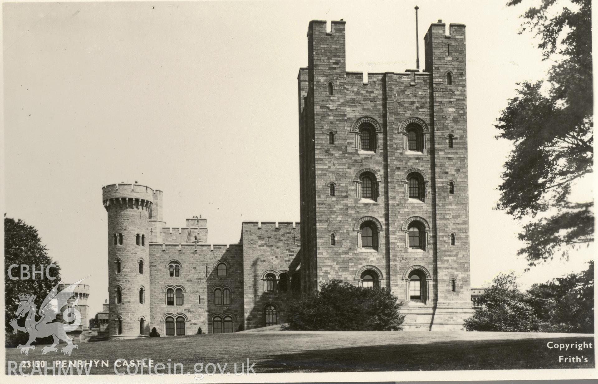 Digitised postcard image of Penrhyn Castle, Bangor, Frith's Series. Produced by Parks and Gardens Data Services, from an original item in the Peter Davis Collection at Parks and Gardens UK. We hold only web-resolution images of this collection, suitable for viewing on screen and for research purposes only. We do not hold the original images, or publication quality scans.
