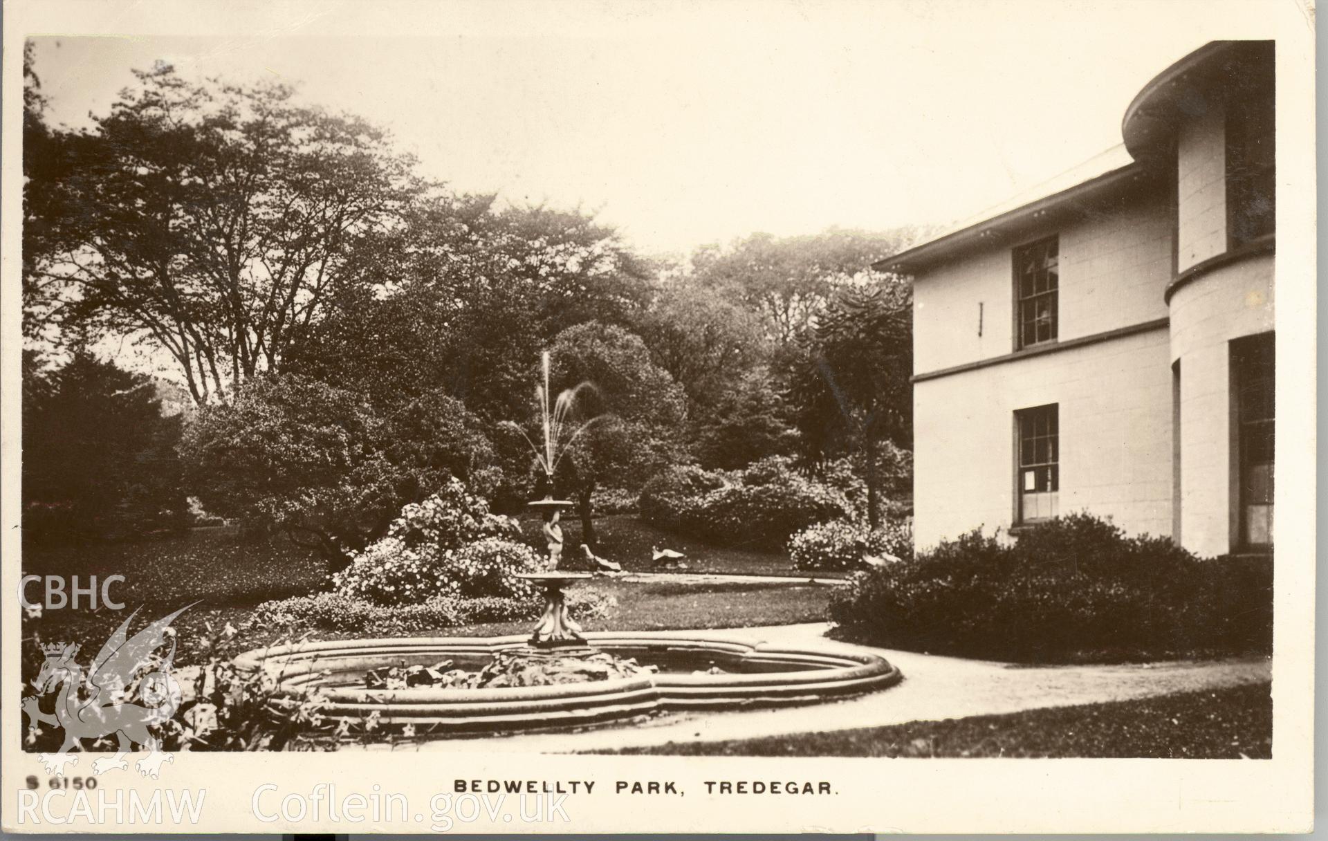 Digitised postcard image of Bedwellty House, Tredegar, Kingsway Real Photo serie. Produced by Parks and Gardens Data Services, from an original item in the Peter Davis Collection at Parks and Gardens UK. We hold only web-resolution images of this collection, suitable for viewing on screen and for research purposes only. We do not hold the original images, or publication quality scans.