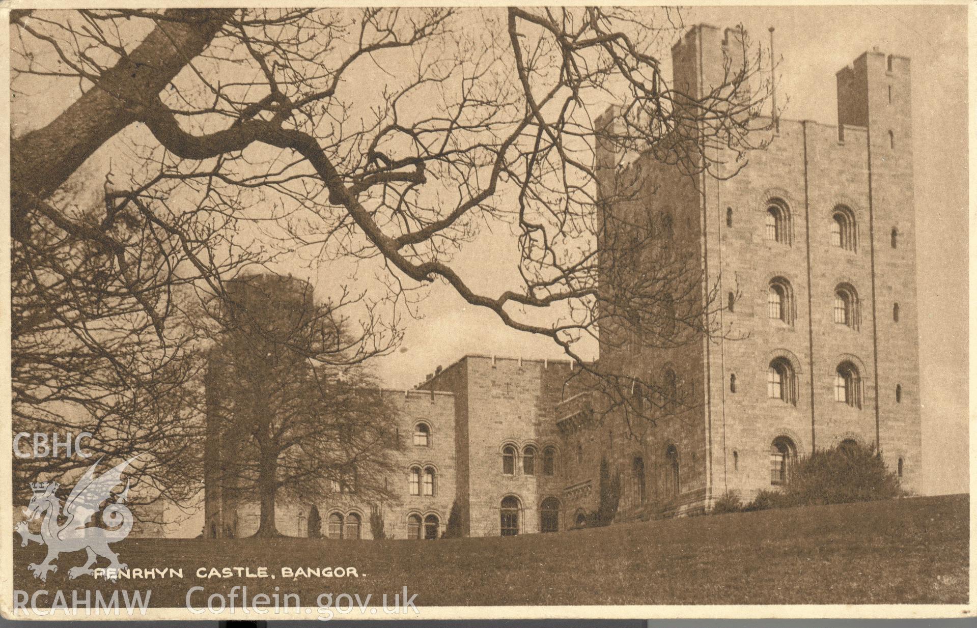 Digitised postcard image of Penrhyn Castle, Bangor, E.T.W. Dennis and Sons Ltd. Produced by Parks and Gardens Data Services, from an original item in the Peter Davis Collection at Parks and Gardens UK. We hold only web-resolution images of this collection, suitable for viewing on screen and for research purposes only. We do not hold the original images, or publication quality scans.