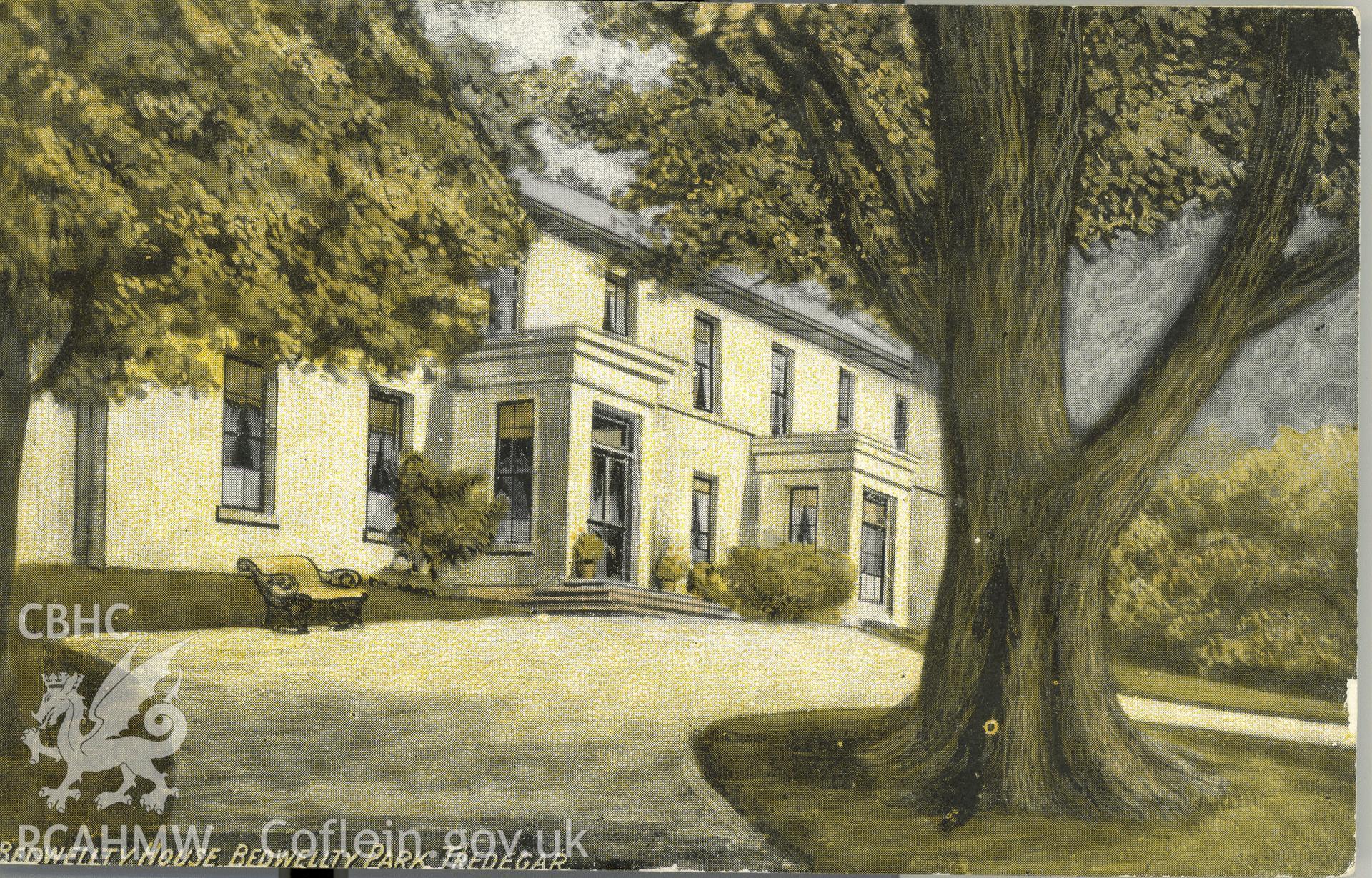 Digitised postcard image of Bedwellty House, Tredegar. Produced by Parks and Gardens Data Services, from an original item in the Peter Davis Collection at Parks and Gardens UK. We hold only web-resolution images of this collection, suitable for viewing on screen and for research purposes only. We do not hold the original images, or publication quality scans.