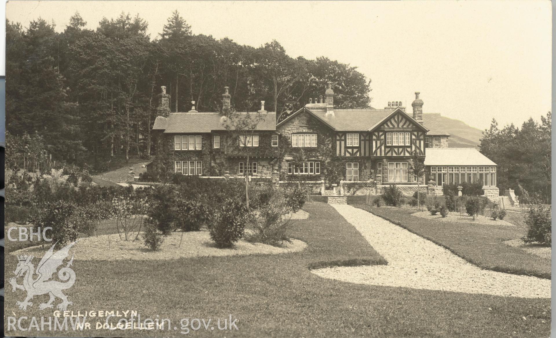 Digitised postcard image of Gellgemlyn Hall, Ganllwyd, Arnfield's Series, Dolgelley. Produced by Parks and Gardens Data Services, from an original item in the Peter Davis Collection at Parks and Gardens UK. We hold only web-resolution images of this collection, suitable for viewing on screen and for research purposes only. We do not hold the original images, or publication quality scans.