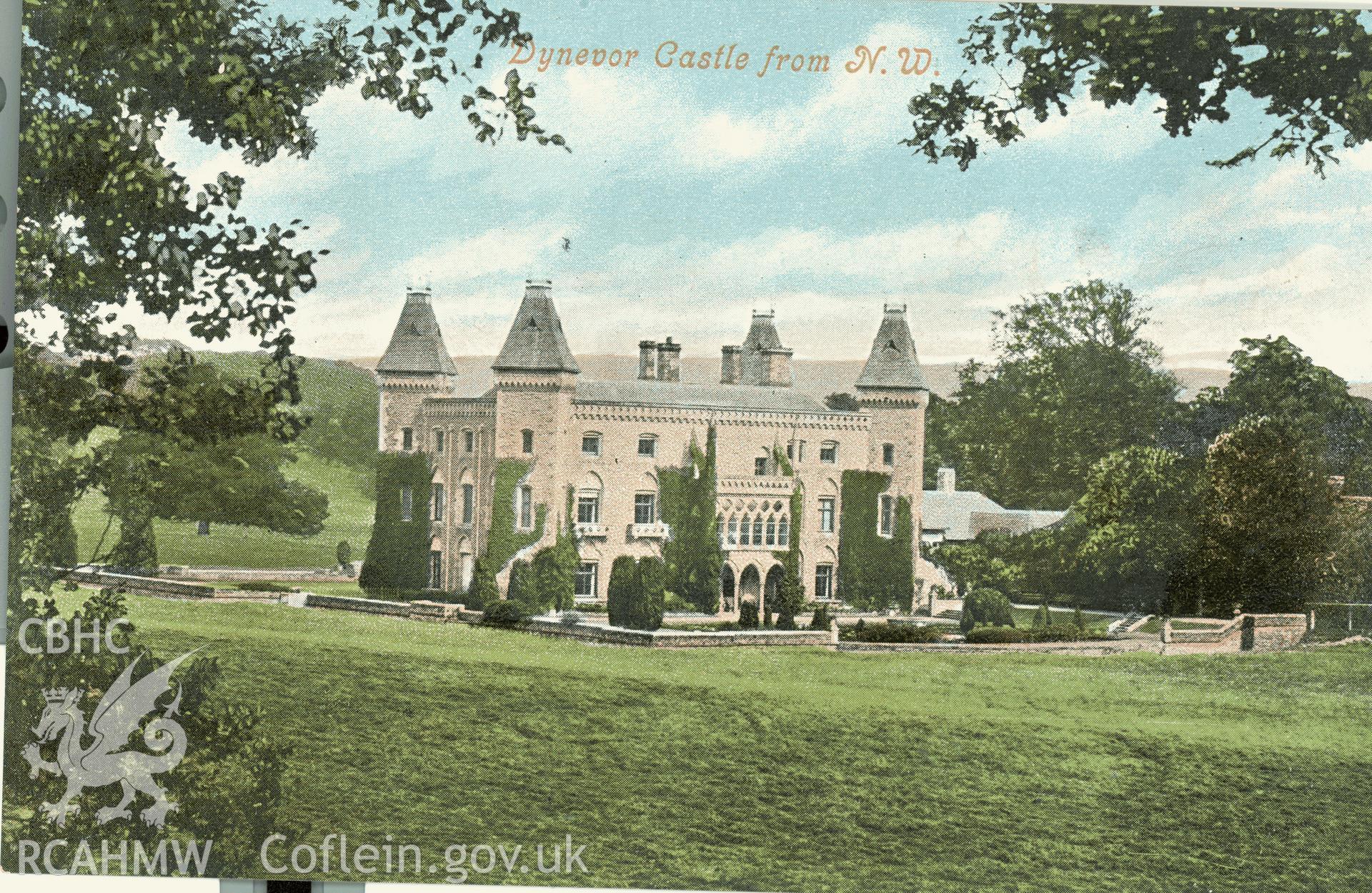 Digitised postcard image of Newton House, Llandeilo. Produced by Parks and Gardens Data Services, from an original item in the Peter Davis Collection at Parks and Gardens UK. We hold only web-resolution images of this collection, suitable for viewing on screen and for research purposes only. We do not hold the original images, or publication quality scans.