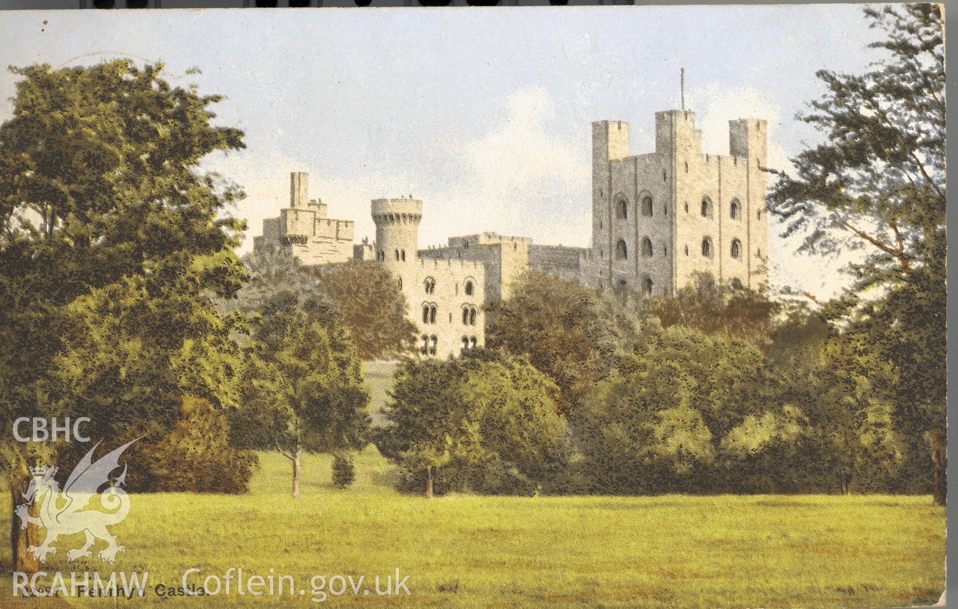 Digitised postcard image of Penrhyn Castle, Bangor. Produced by Parks and Gardens Data Services, from an original item in the Peter Davis Collection at Parks and Gardens UK. We hold only web-resolution images of this collection, suitable for viewing on screen and for research purposes only. We do not hold the original images, or publication quality scans.