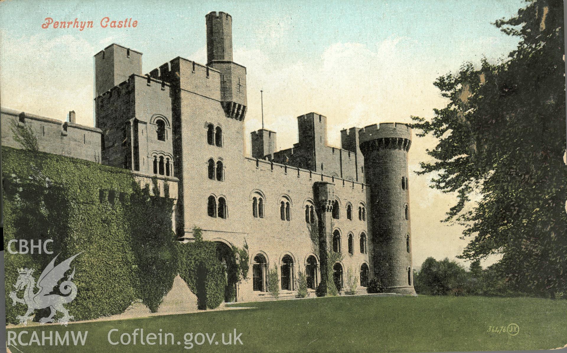 Digitised postcard image of Penrhyn Castle, Bangor, Valentine and Sons Ltd. Produced by Parks and Gardens Data Services, from an original item in the Peter Davis Collection at Parks and Gardens UK. We hold only web-resolution images of this collection, suitable for viewing on screen and for research purposes only. We do not hold the original images, or publication quality scans.