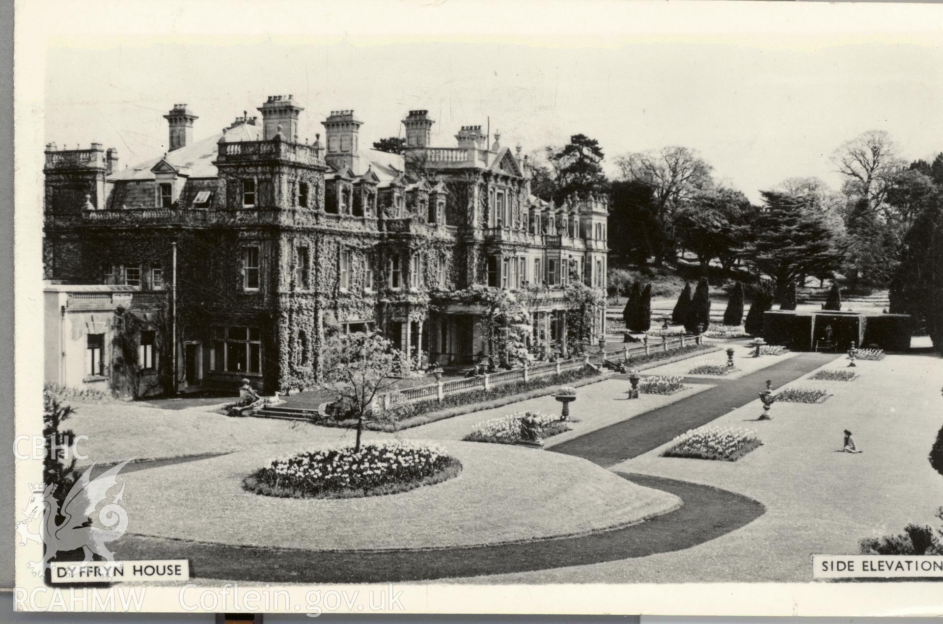 Digitised postcard image of Dyffryn house, St Nicholas and Bonvilston. Produced by Parks and Gardens Data Services, from an original item in the Peter Davis Collection at Parks and Gardens UK. We hold only web-resolution images of this collection, suitable for viewing on screen and for research purposes only. We do not hold the original images, or publication quality scans.
