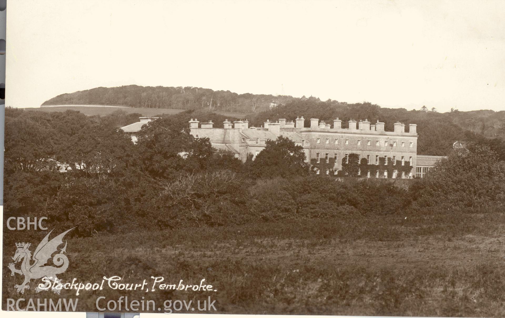 Digitised postcard image of Stackpole Court, Stackpole, Harvey Barton and Son, Ltd., Bristol. Produced by Parks and Gardens Data Services, from an original item in the Peter Davis Collection at Parks and Gardens UK. We hold only web-resolution images of this collection, suitable for viewing on screen and for research purposes only. We do not hold the original images, or publication quality scans.