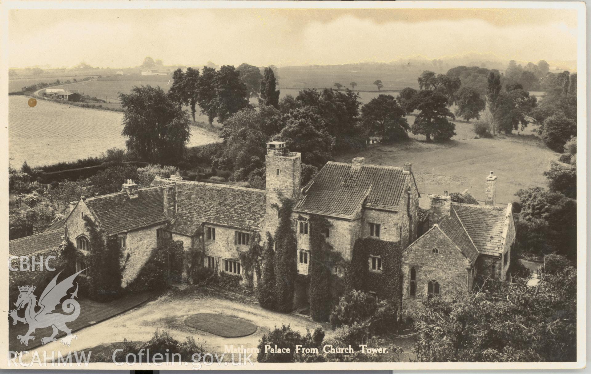 Digitised postcard image of Mathern Palace from church tower, Raphael Tuck and Sons Ltd. Produced by Parks and Gardens Data Services, from an original item in the Peter Davis Collection at Parks and Gardens UK. We hold only web-resolution images of this collection, suitable for viewing on screen and for research purposes only. We do not hold the original images, or publication quality scans.