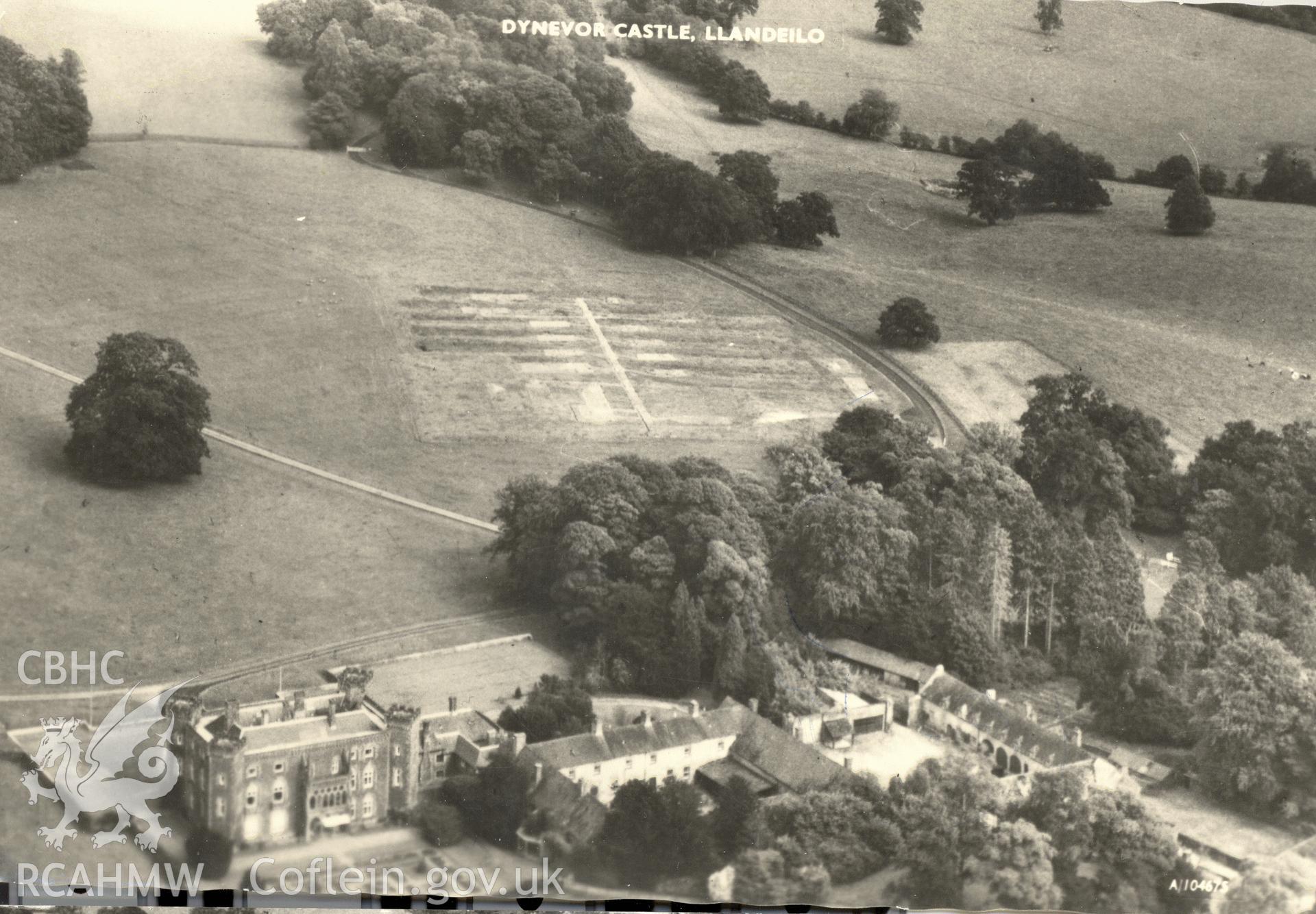 Digitised postcard image of aerial view of Newton House, Llandeilo, Aerofilms Ltd, London. Produced by Parks and Gardens Data Services, from an original item in the Peter Davis Collection at Parks and Gardens UK. We hold only web-resolution images of this collection, suitable for viewing on screen and for research purposes only. We do not hold the original images, or publication quality scans.