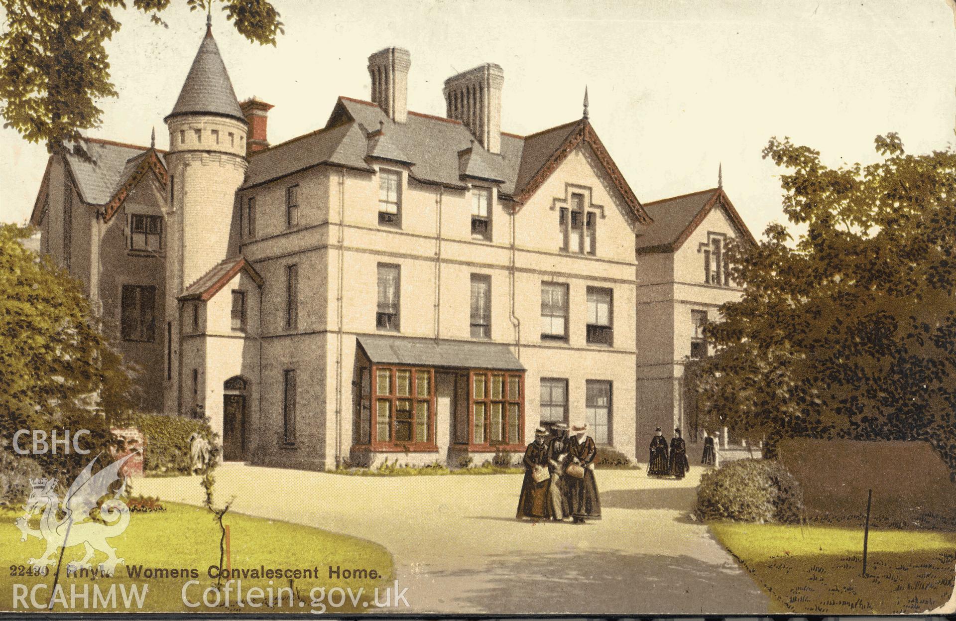 Digitised postcard image of Morfa Hall, Rhyl. Produced by Parks and Gardens Data Services, from an original item in the Peter Davis Collection at Parks and Gardens UK. We hold only web-resolution images of this collection, suitable for viewing on screen and for research purposes only. We do not hold the original images, or publication quality scans.