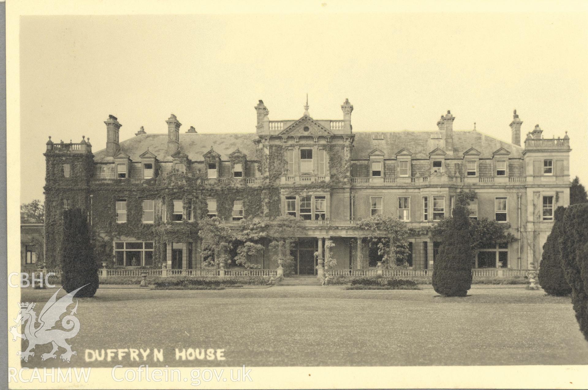 Digitised postcard image of Dyffryn house, St Nicholas and Bonvilston. Produced by Parks and Gardens Data Services, from an original item in the Peter Davis Collection at Parks and Gardens UK. We hold only web-resolution images of this collection, suitable for viewing on screen and for research purposes only. We do not hold the original images, or publication quality scans.