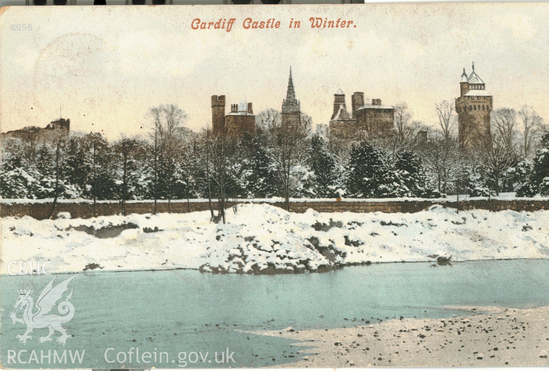 Digitised postcard image of Cardiff castle in winter, Valentine's Series. Produced by Parks and Gardens Data Services, from an original item in the Peter Davis Collection at Parks and Gardens UK. We hold only web-resolution images of this collection, suitable for viewing on screen and for research purposes only. We do not hold the original images, or publication quality scans.
