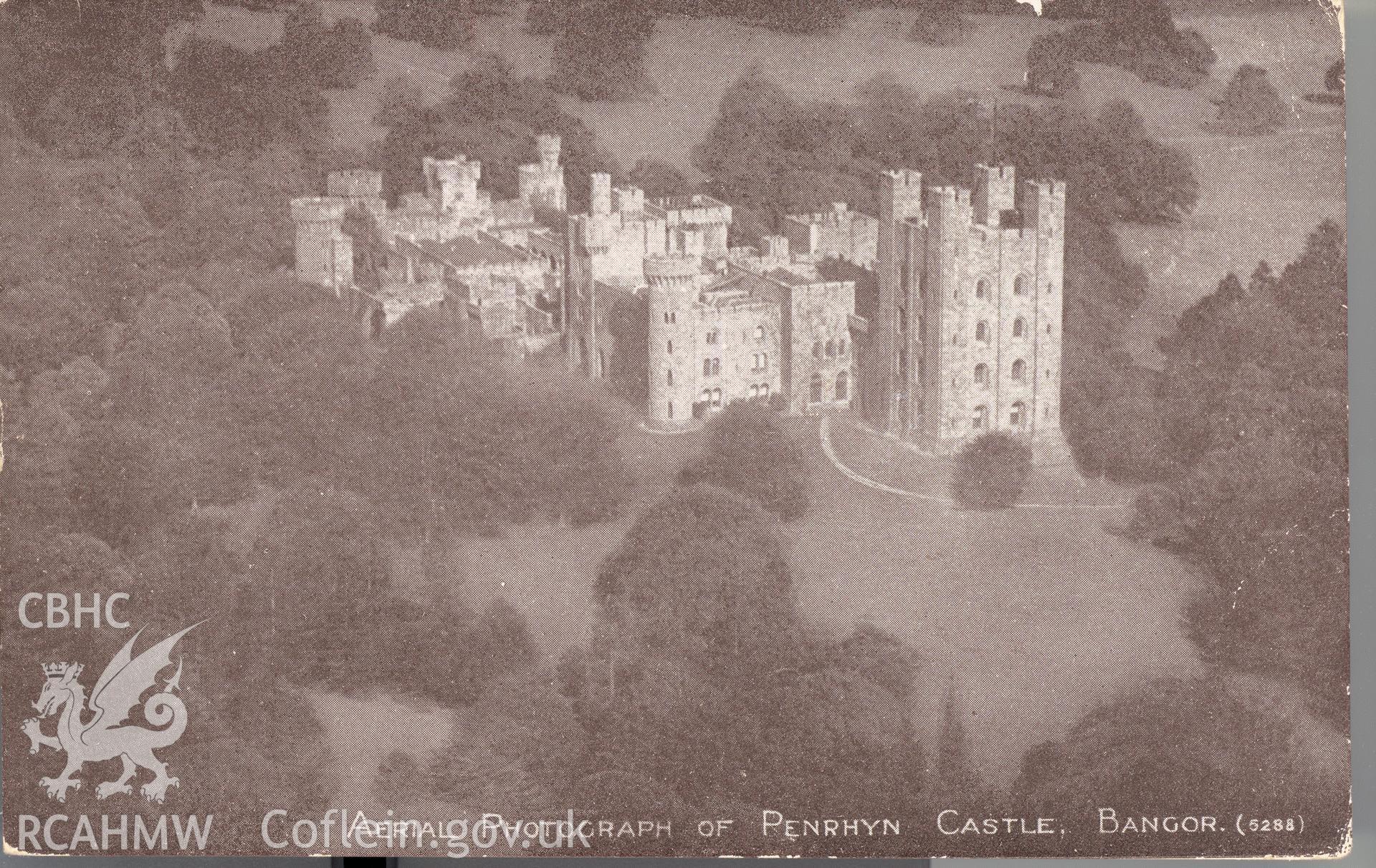 Digitised postcard image of aerial photo of Penrhyn Castle, Bangor. Produced by Parks and Gardens Data Services, from an original item in the Peter Davis Collection at Parks and Gardens UK. We hold only web-resolution images of this collection, suitable for viewing on screen and for research purposes only. We do not hold the original images, or publication quality scans.