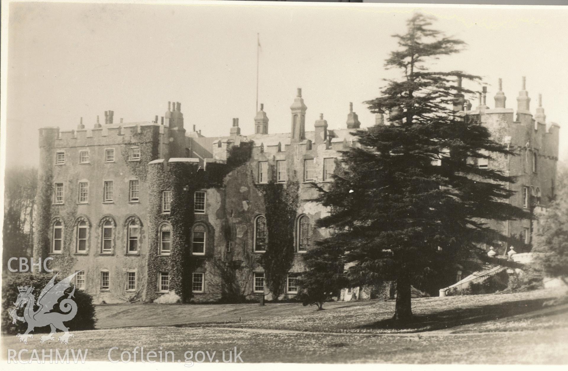 Digitised postcard image of Picton Castle, Slebech, Squibbs. Produced by Parks and Gardens Data Services, from an original item in the Peter Davis Collection at Parks and Gardens UK. We hold only web-resolution images of this collection, suitable for viewing on screen and for research purposes only. We do not hold the original images, or publication quality scans.