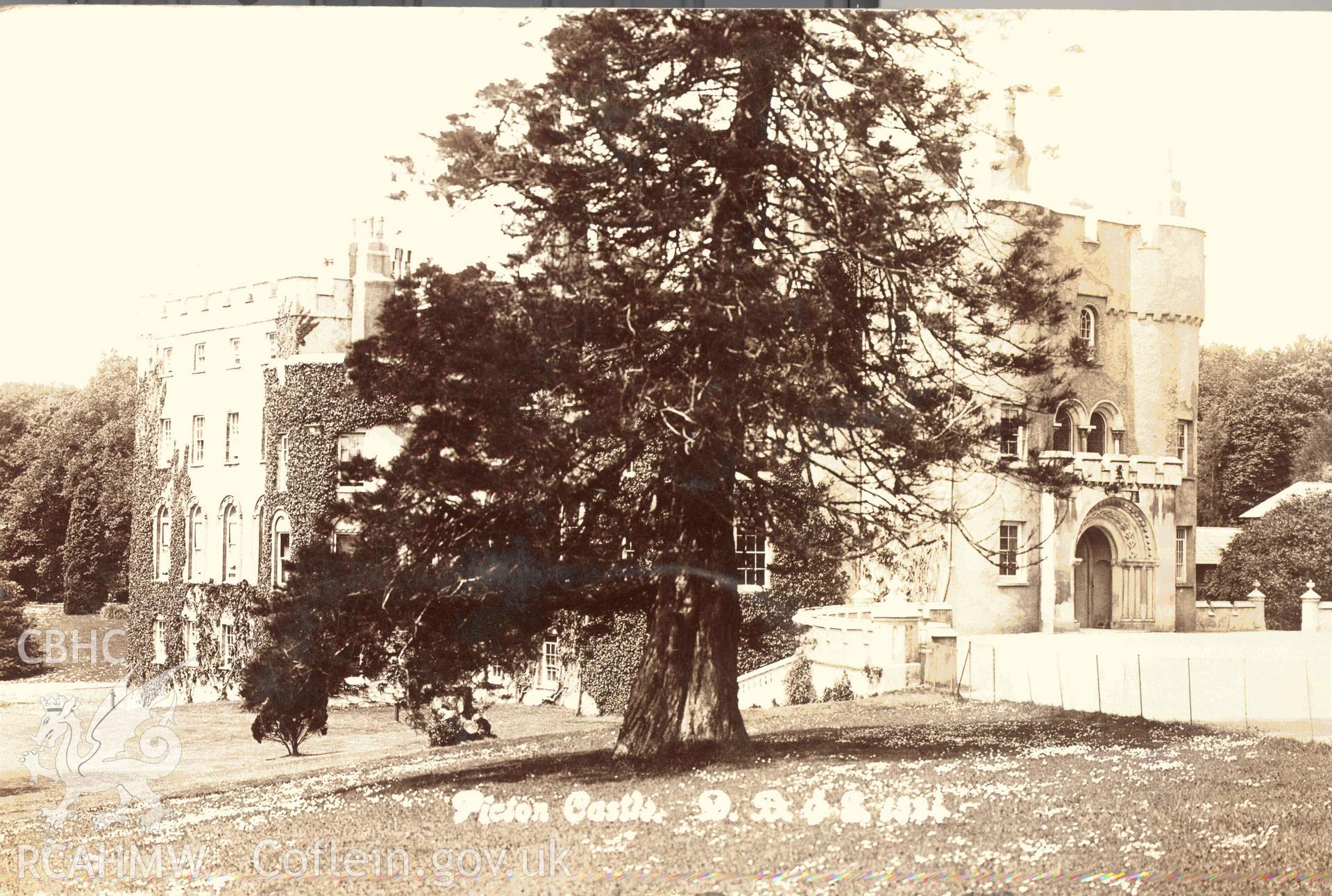 Digitised postcard image of Picton Castle, Slebech, D. Bowen and Son, Photographers, Haverfordwest. Produced by Parks and Gardens Data Services, from an original item in the Peter Davis Collection at Parks and Gardens UK. We hold only web-resolution images of this collection, suitable for viewing on screen and for research purposes only. We do not hold the original images, or publication quality scans.