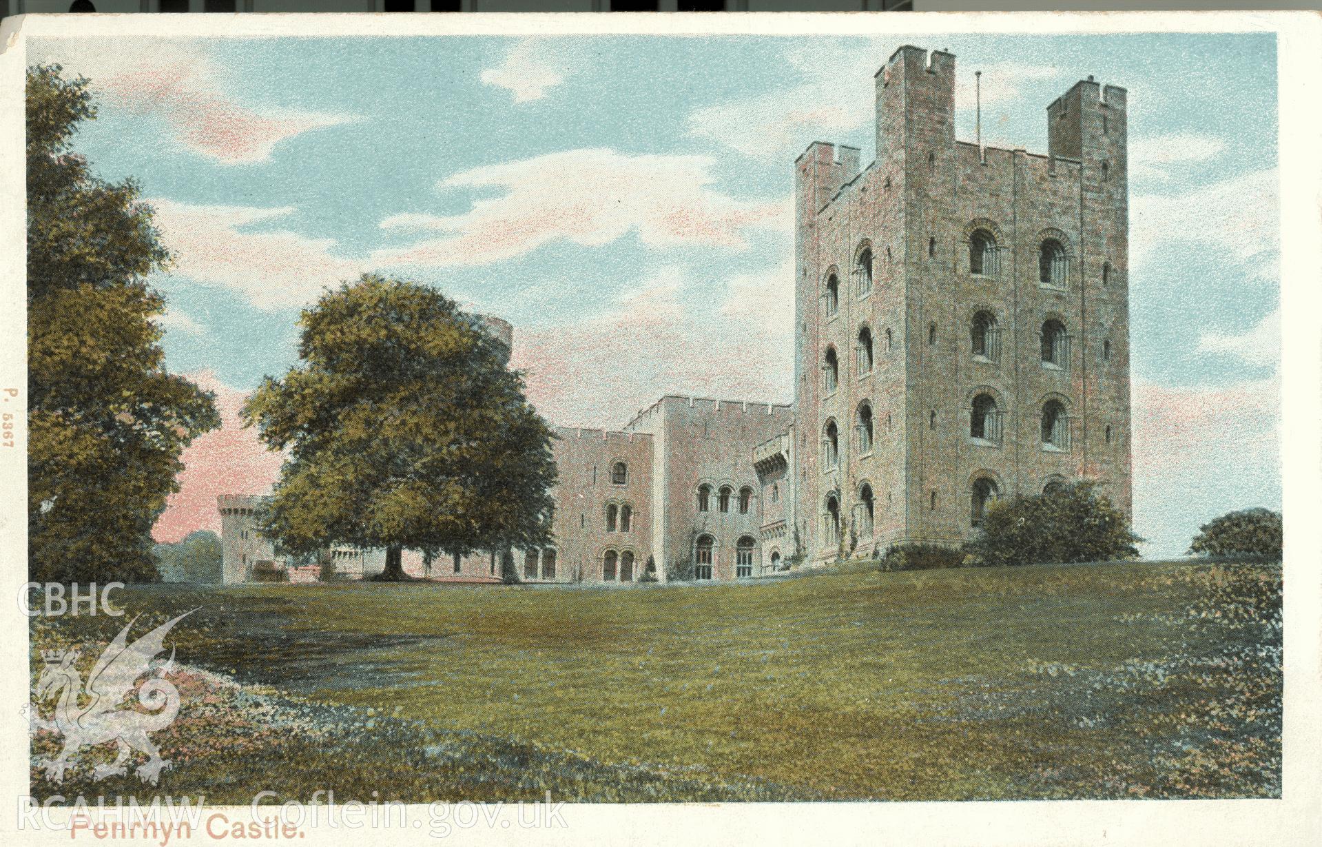 Digitised postcard image of Penrhyn Castle, Bangor, Pictorial Stationery Company Ltd. Produced by Parks and Gardens Data Services, from an original item in the Peter Davis Collection at Parks and Gardens UK. We hold only web-resolution images of this collection, suitable for viewing on screen and for research purposes only. We do not hold the original images, or publication quality scans.