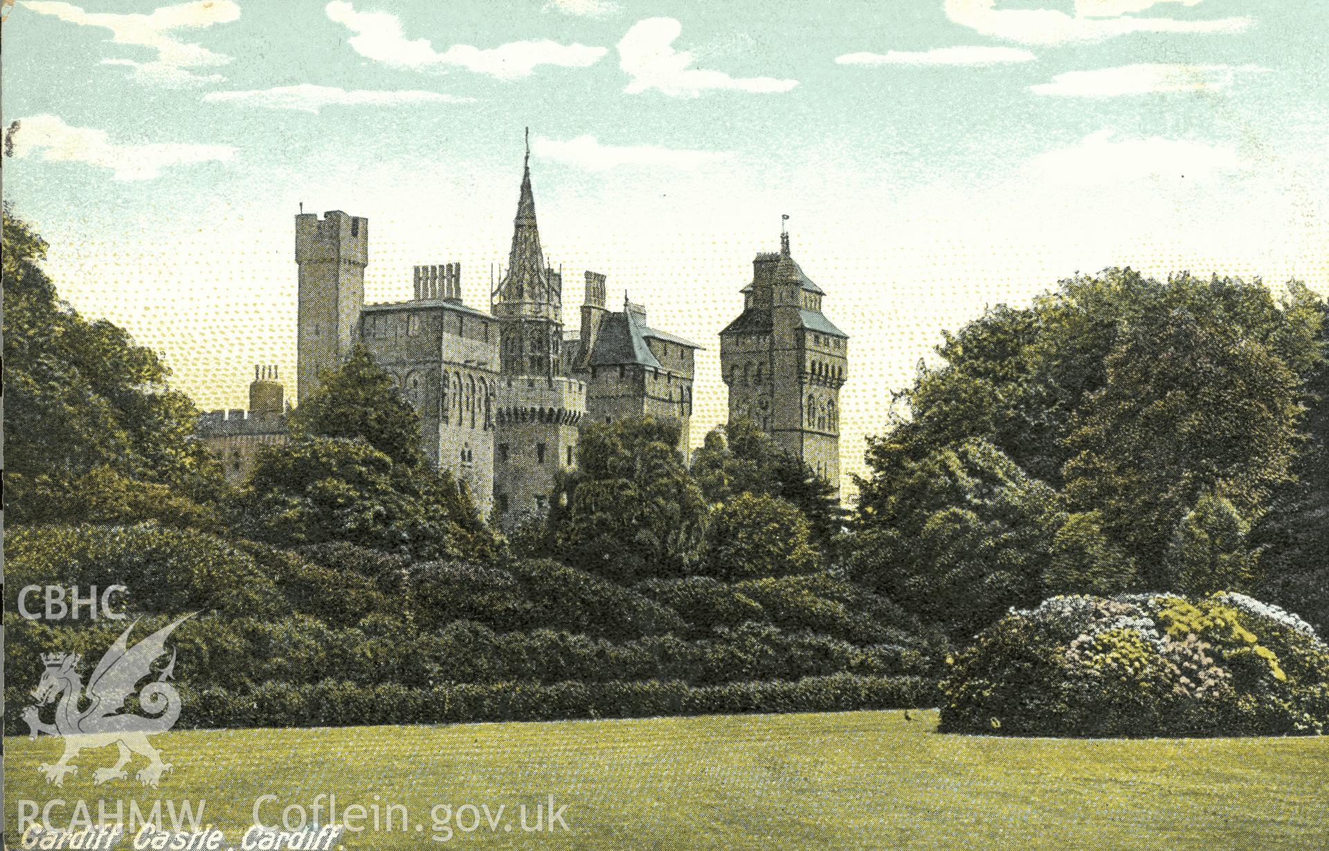 Digitised postcard image of Cardiff Castle, B.B. London Excelsior Series. Produced by Parks and Gardens Data Services, from an original item in the Peter Davis Collection at Parks and Gardens UK. We hold only web-resolution images of this collection, suitable for viewing on screen and for research purposes only. We do not hold the original images, or publication quality scans.